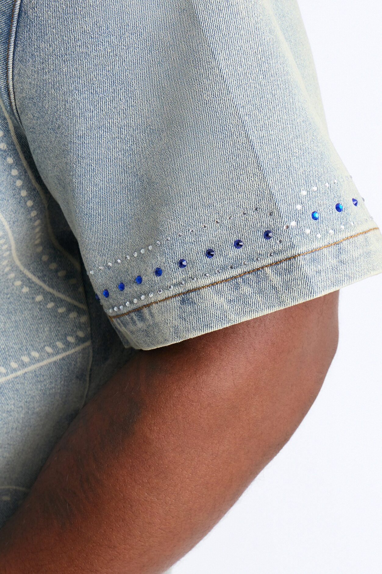 Rhinestone Bandana Boxy Denim Button Up Shirt - Light Blue Wash