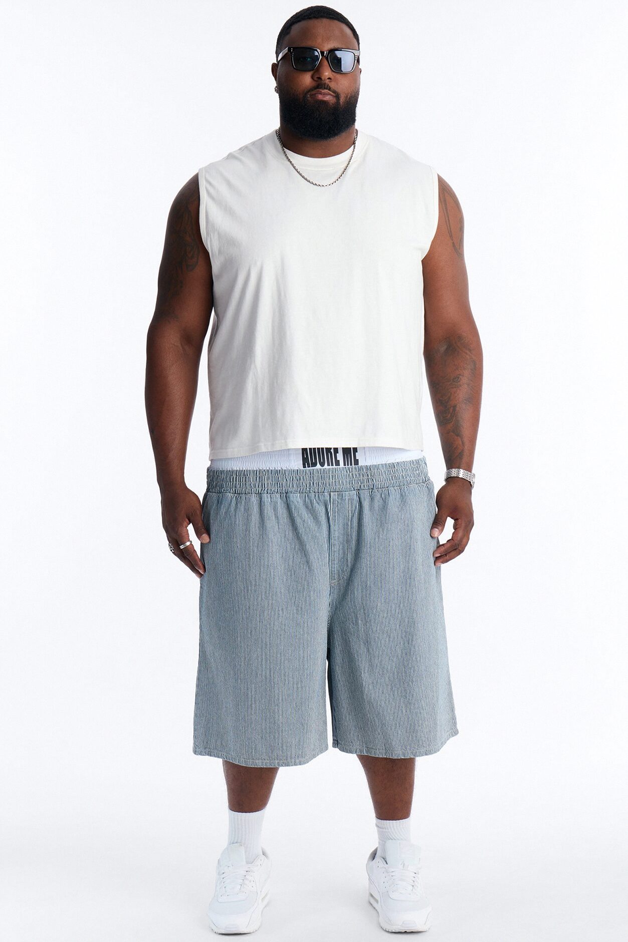 Relaxed Adore Me Double Waistband Pinstripe Short - White/Blue