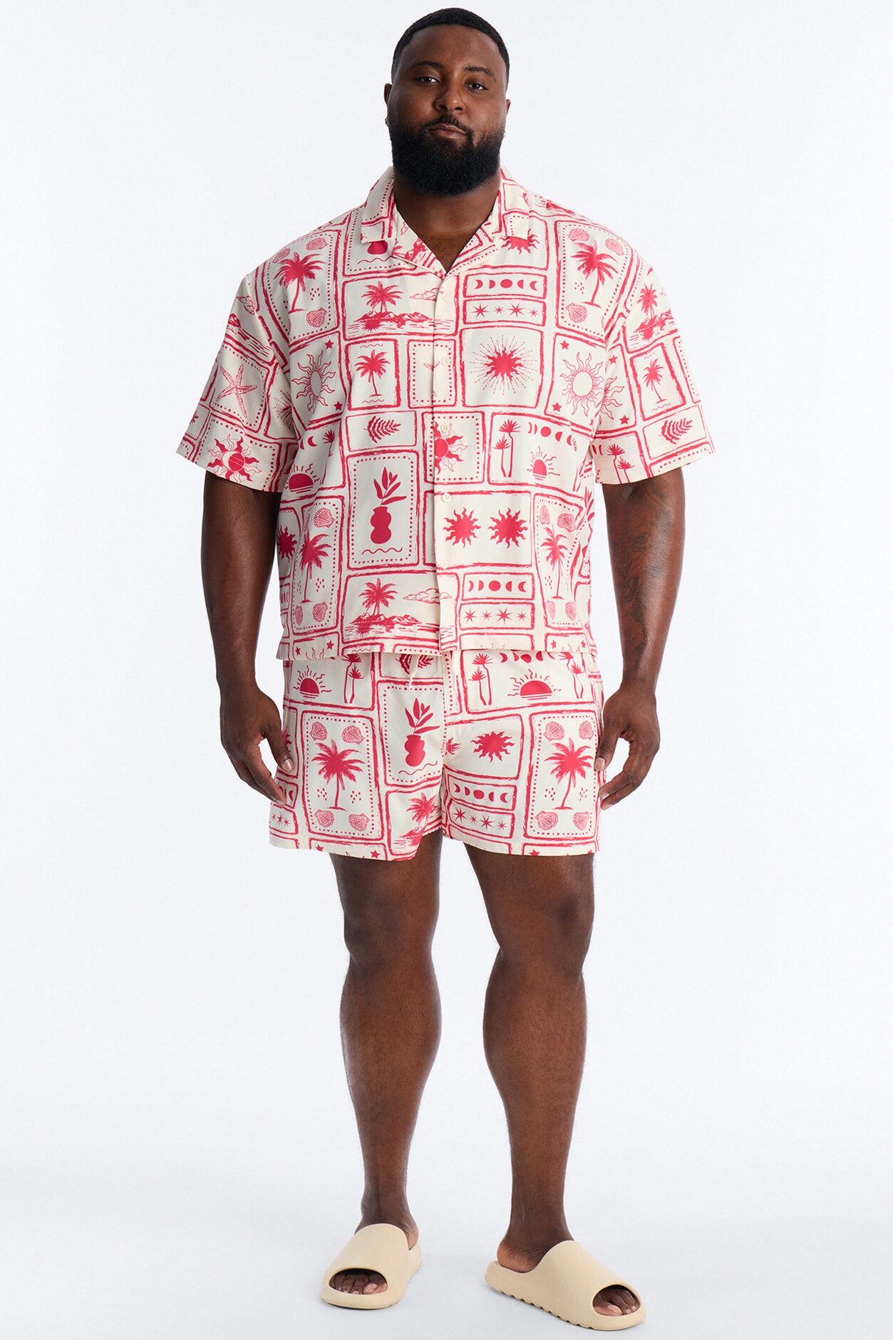 Relaxed Vacation Motif Cuban Collar Button Up Shirt - Red