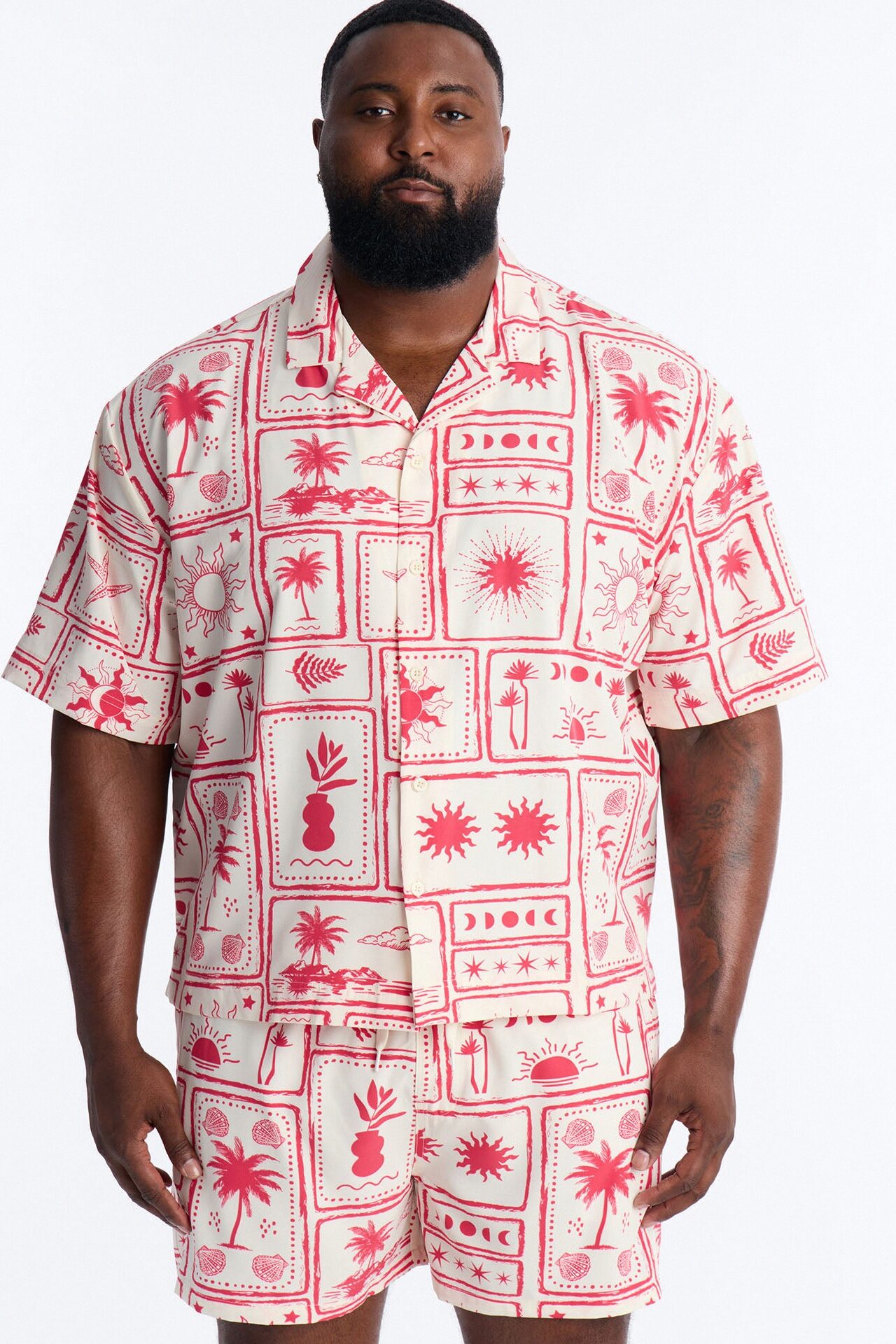 Relaxed Vacation Motif Cuban Collar Button Up Shirt - Red
