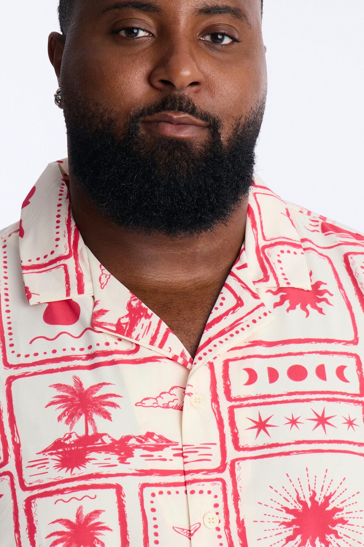 Relaxed Vacation Motif Cuban Collar Button Up Shirt - Red