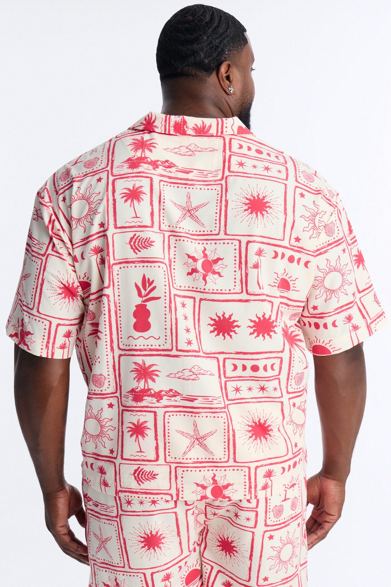 Relaxed Vacation Motif Cuban Collar Button Up Shirt - Red