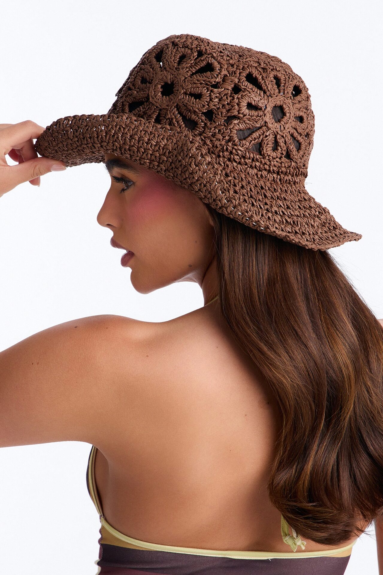 Flower Crown Crochet Straw Bucket - Brown