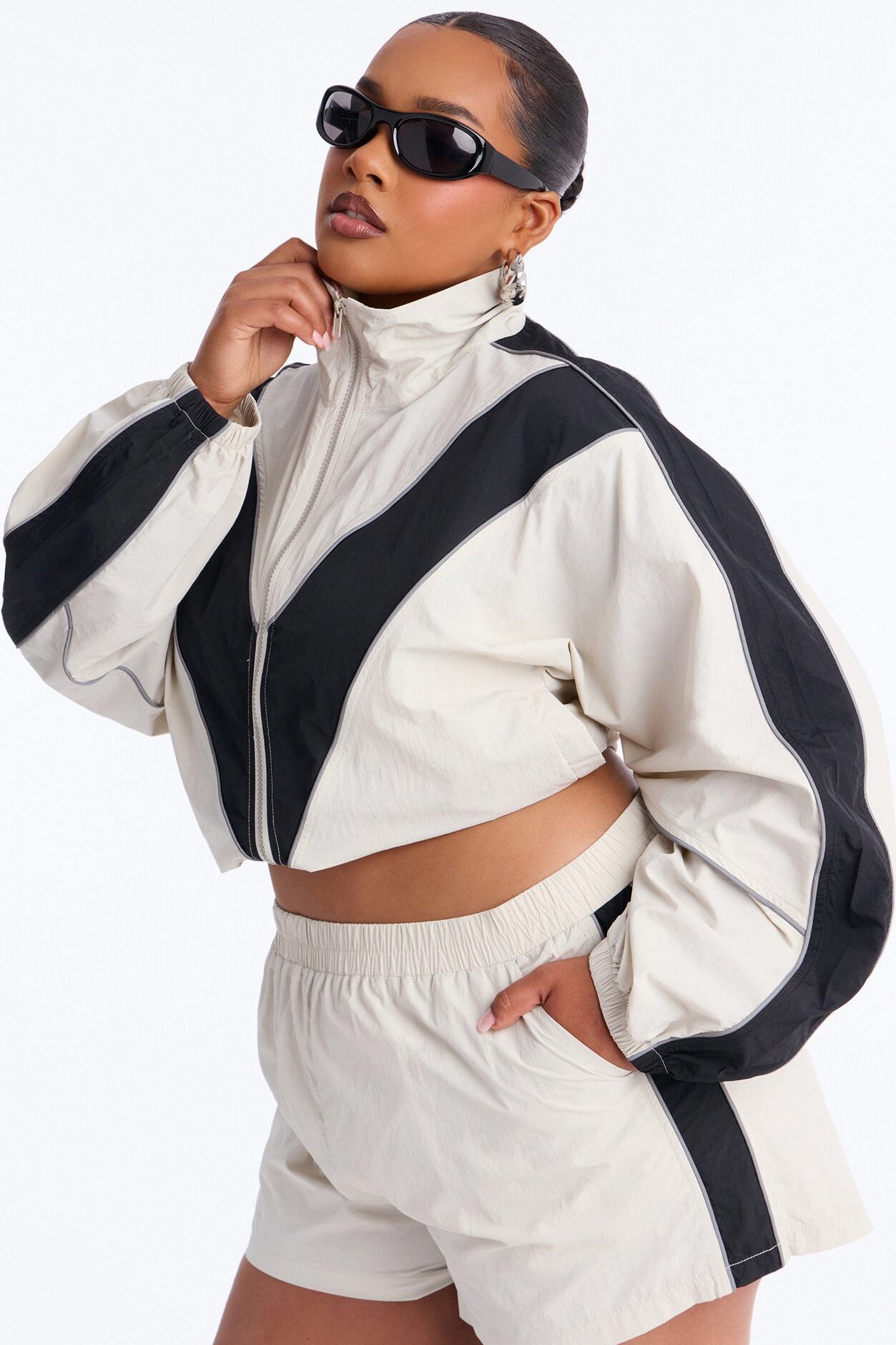 Break A Sweat Windbreaker Funnel Neck Track Jacket - Taupe/combo