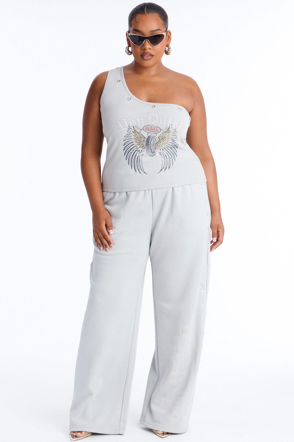 Von Dutch Rocker One Shoulder Studded Tank - Grey