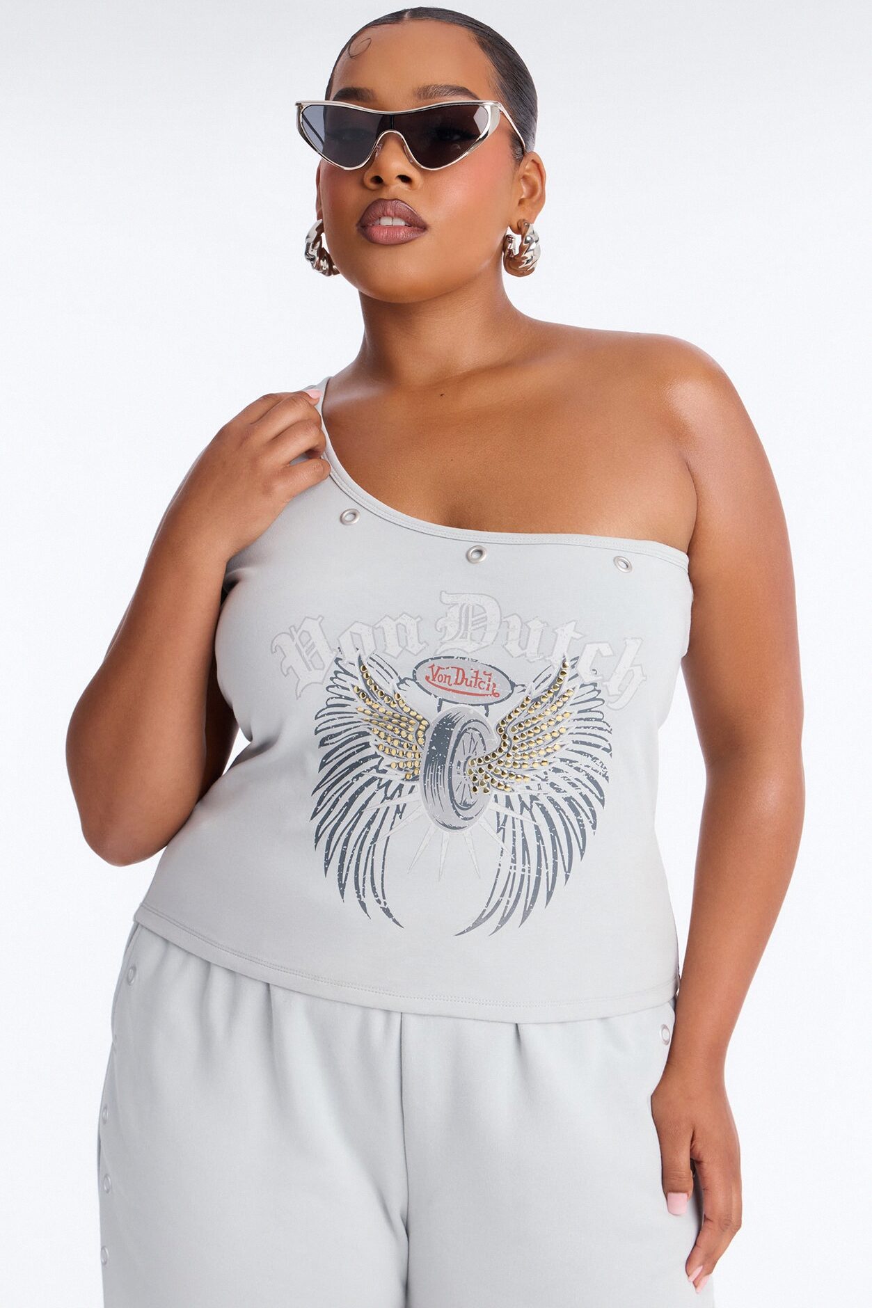Von Dutch Rocker One Shoulder Studded Tank - Grey