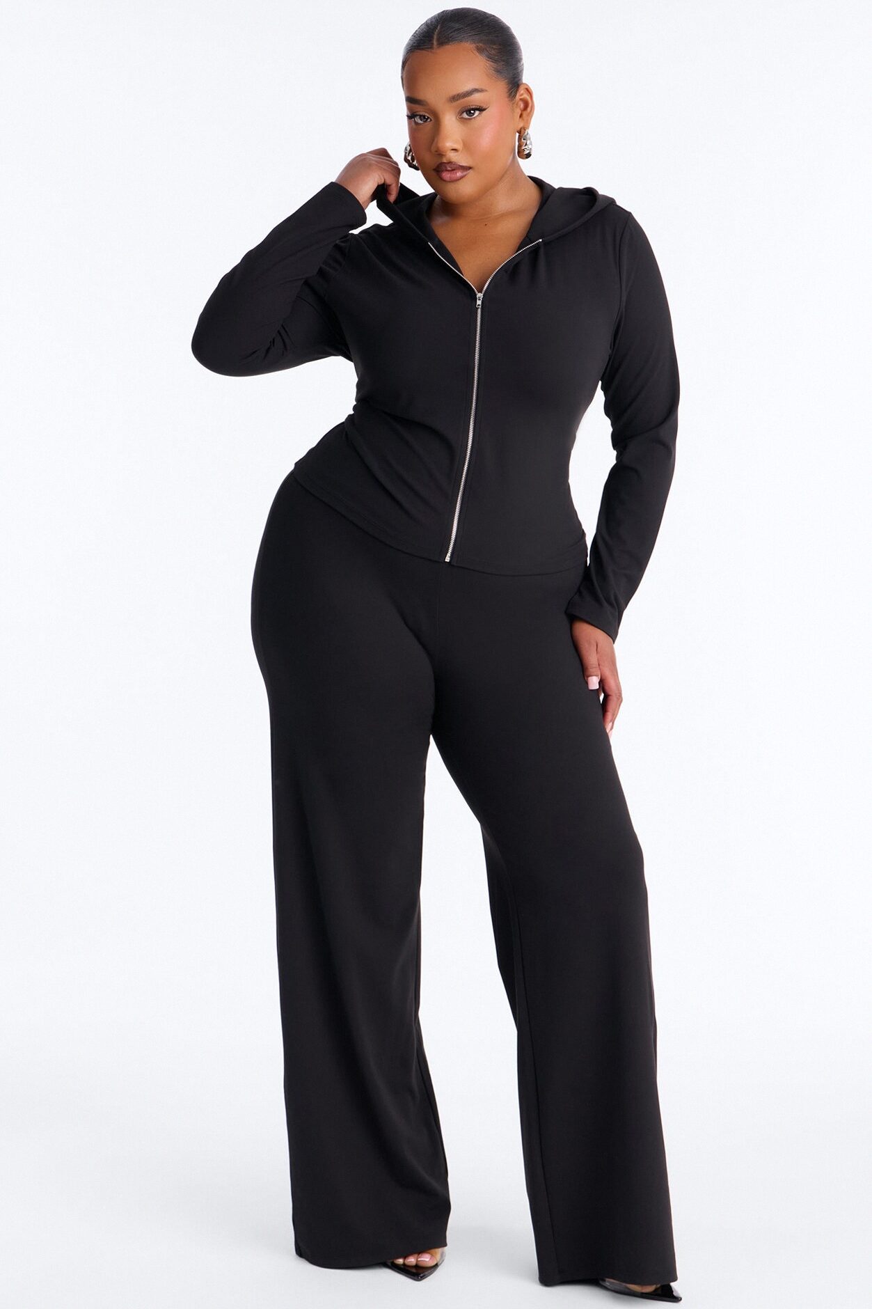 Casual Vibe Zip Up Hoodie Pant Set - Black