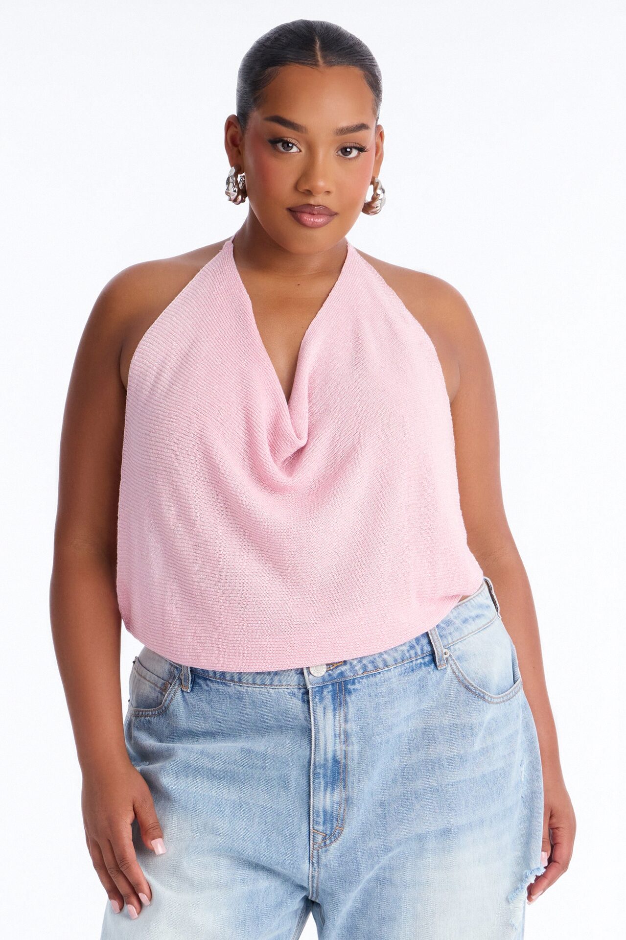 Fantasy Girl Shimmer Sweater Halter Top - Pink