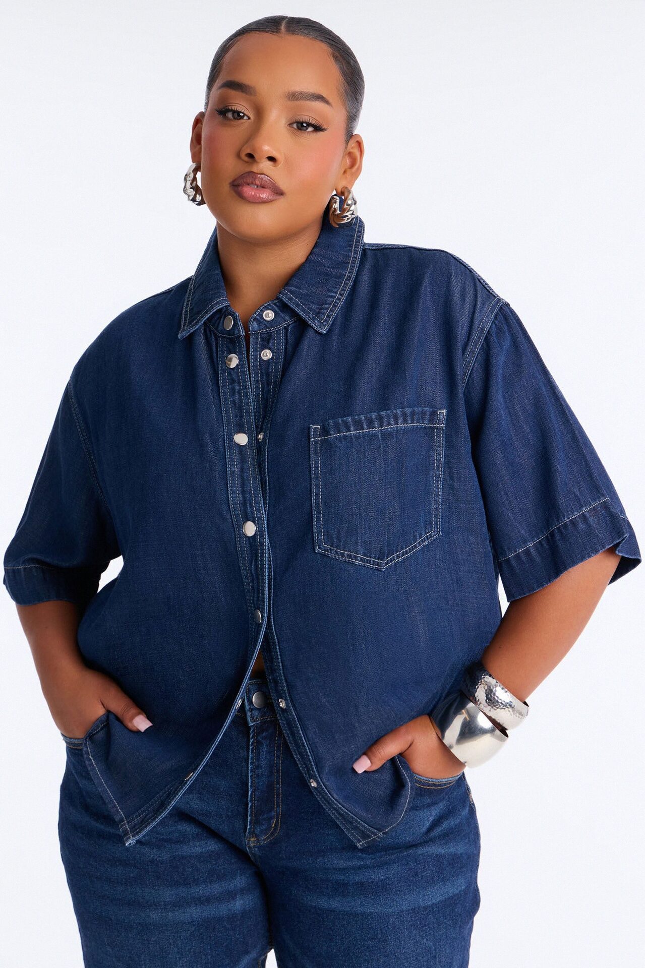 Elevated Casual Oversized Denim Shirt - Dark Wash