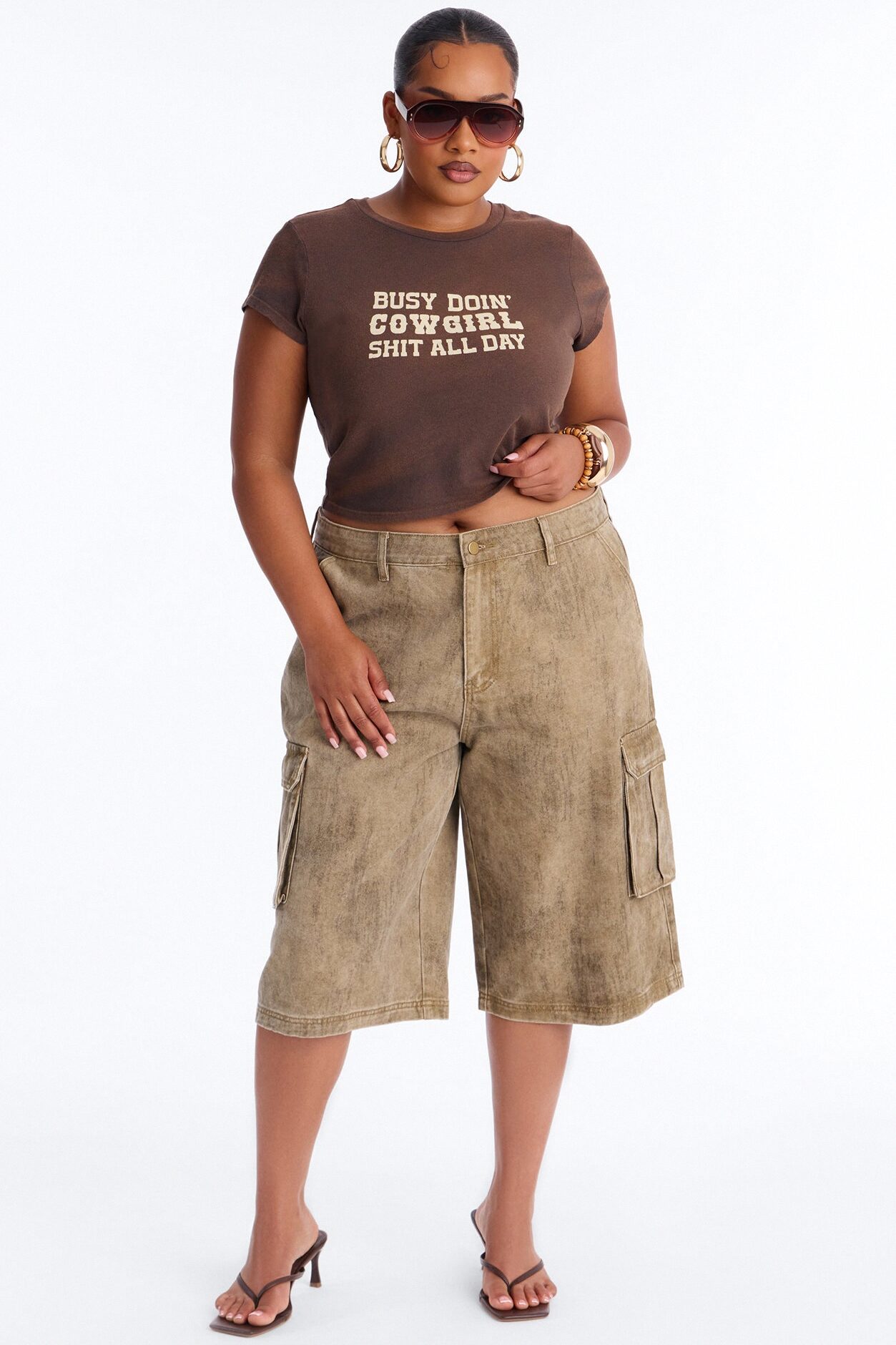 Cowgirl Shit All Day Washed Baby Tee - Brown