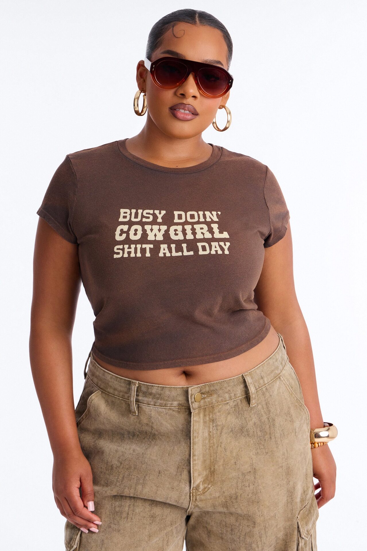 Cowgirl Shit All Day Washed Baby Tee - Brown