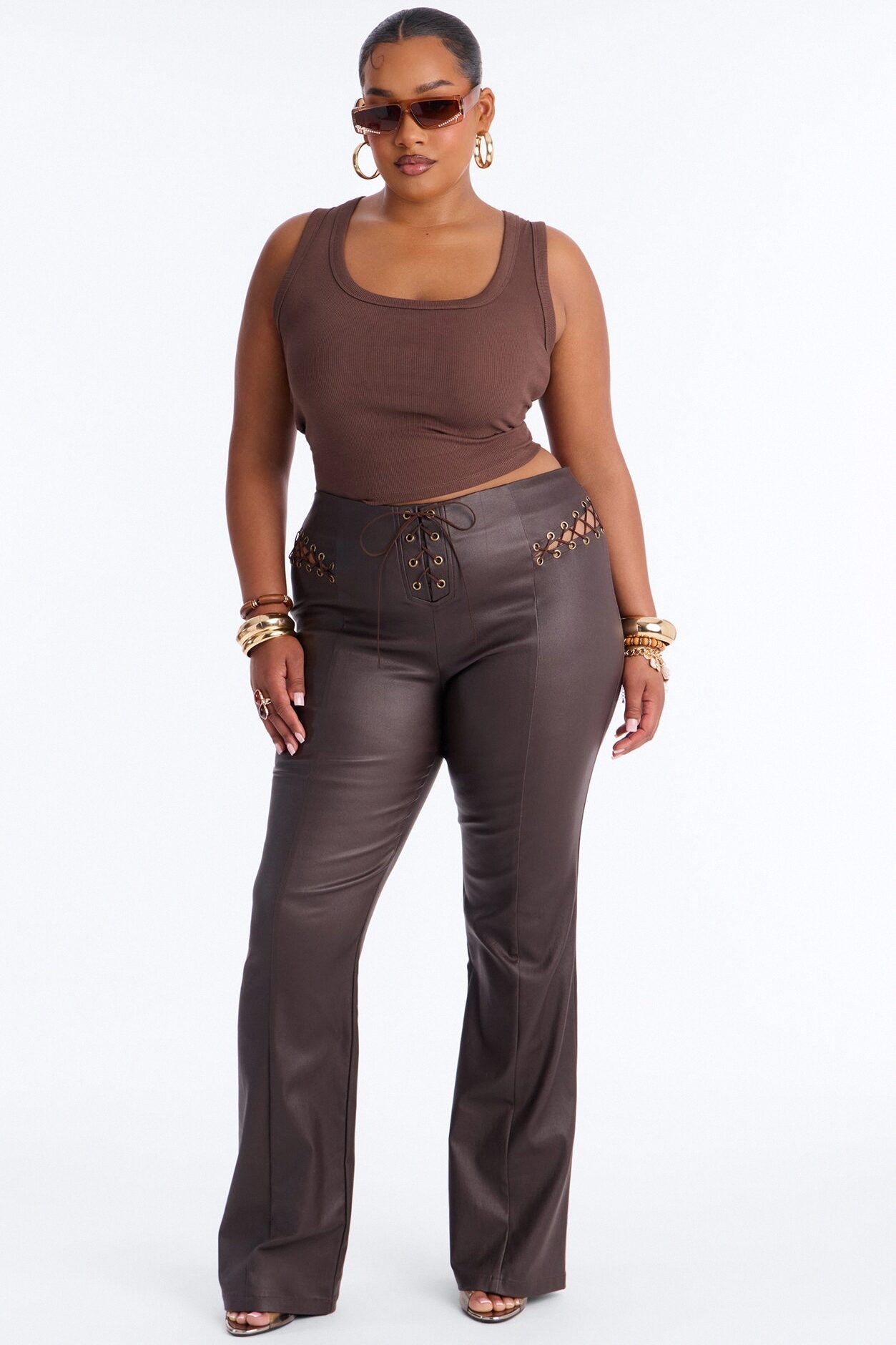 Jolie Lace Up Coated Skinny Pant - Brown