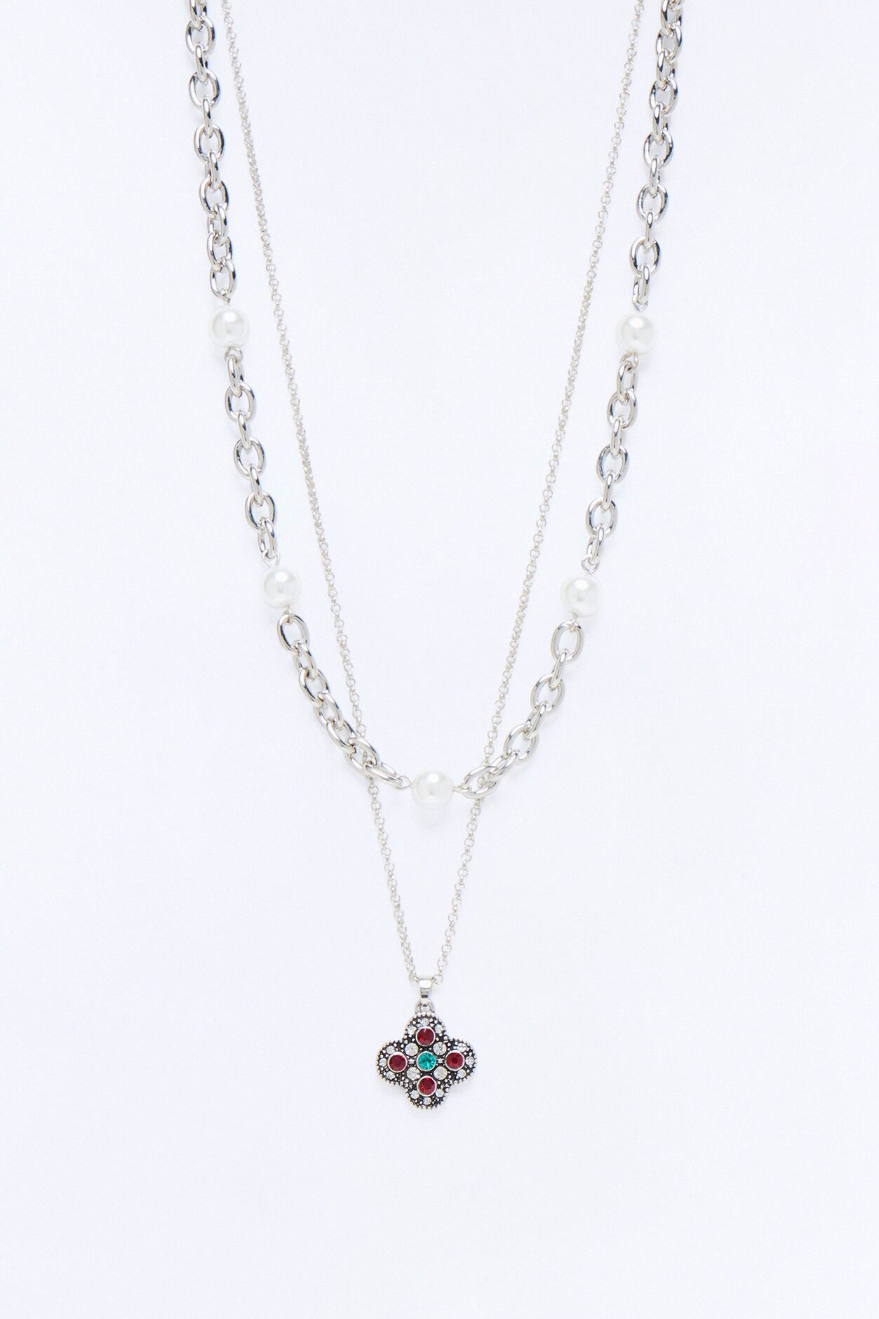 Clover And Pearls Chain Necklace Set - Silver