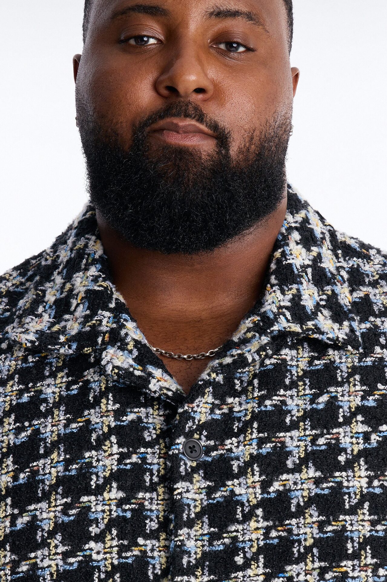Cropped Relaxed Textured Boucle Houndstooth Button Up Shirt - Black