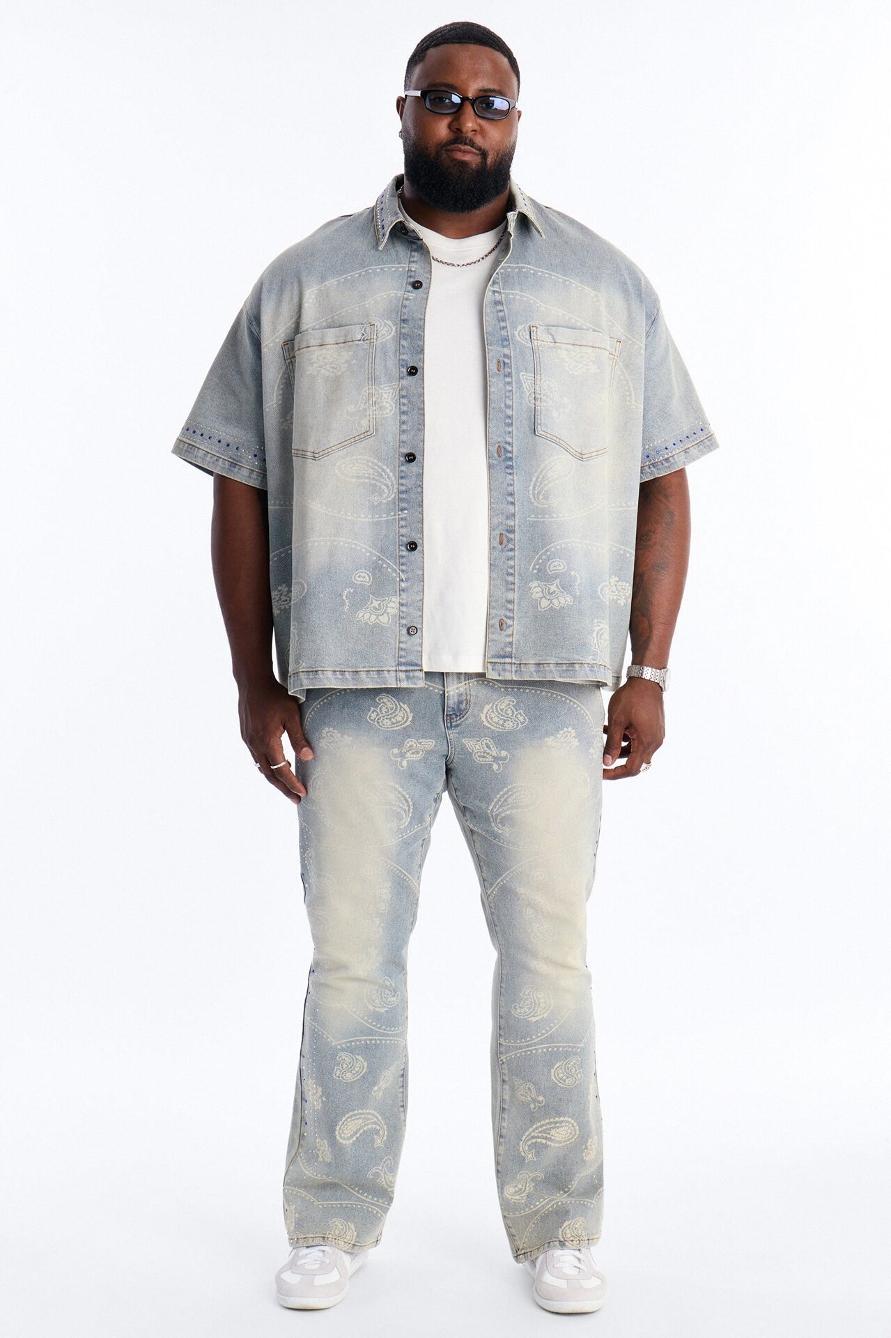 Rhinestone Bandana Boxy Denim Button Up Shirt - Light Blue Wash