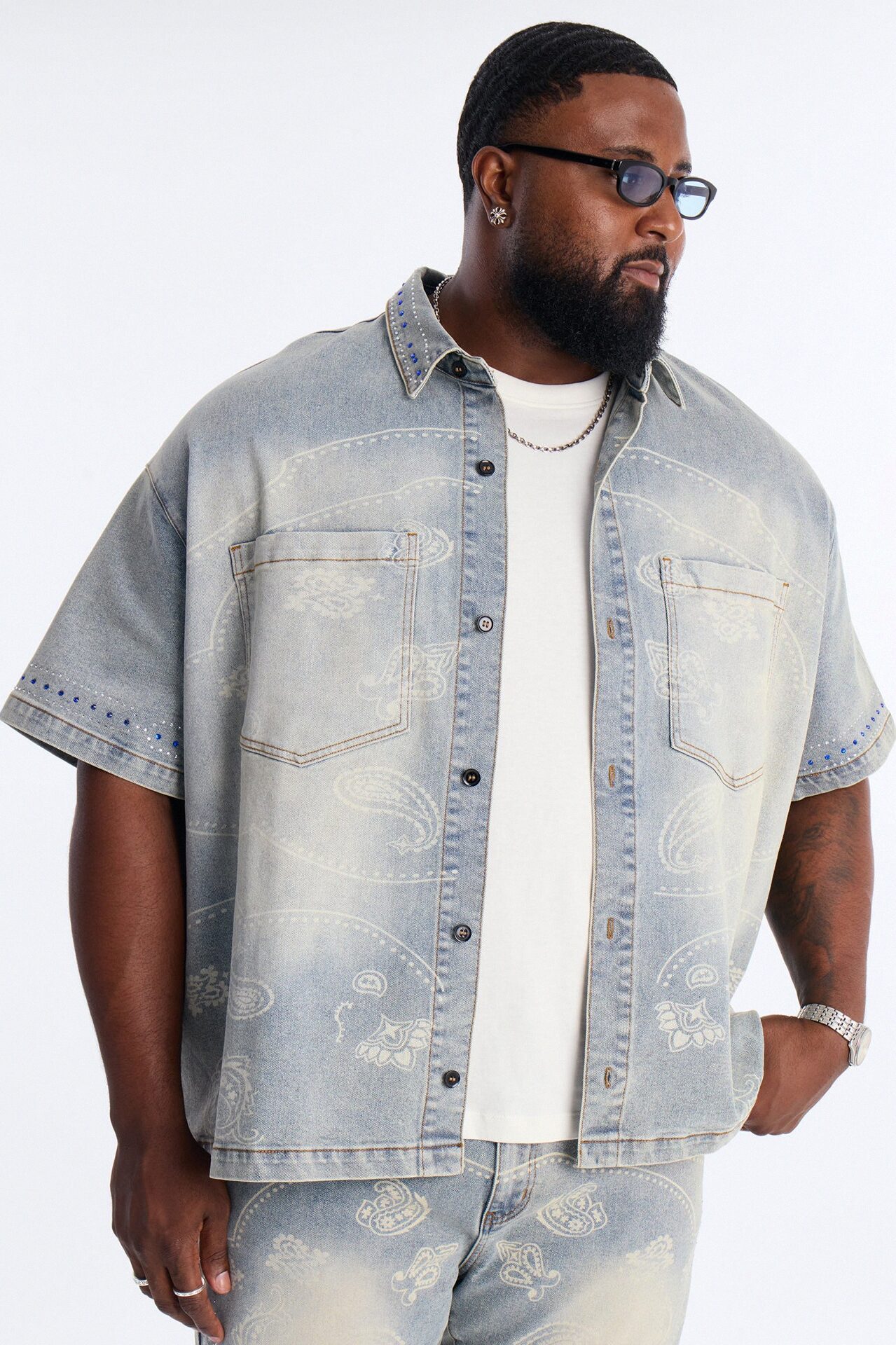 Rhinestone Bandana Boxy Denim Button Up Shirt - Light Blue Wash