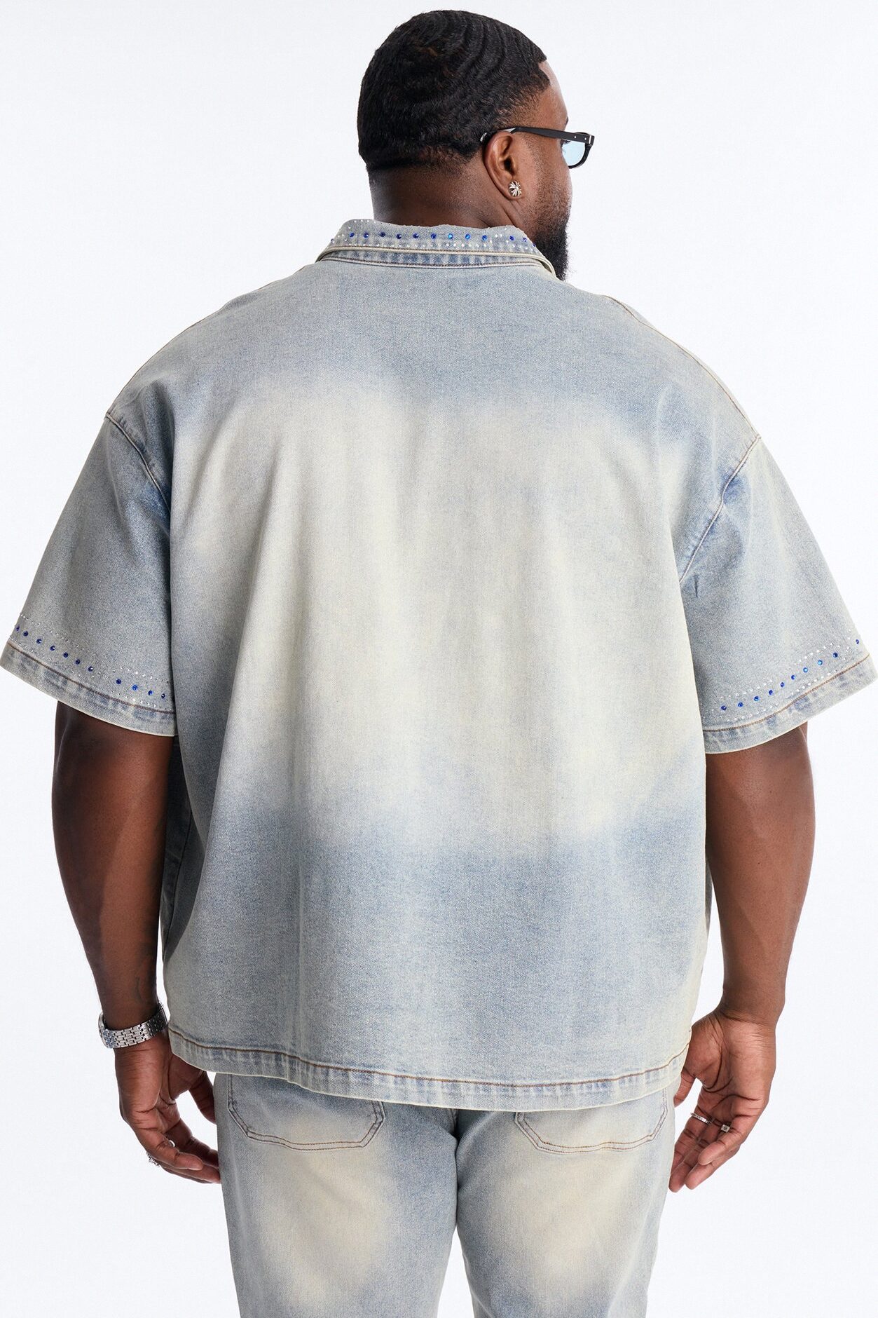 Rhinestone Bandana Boxy Denim Button Up Shirt - Light Blue Wash