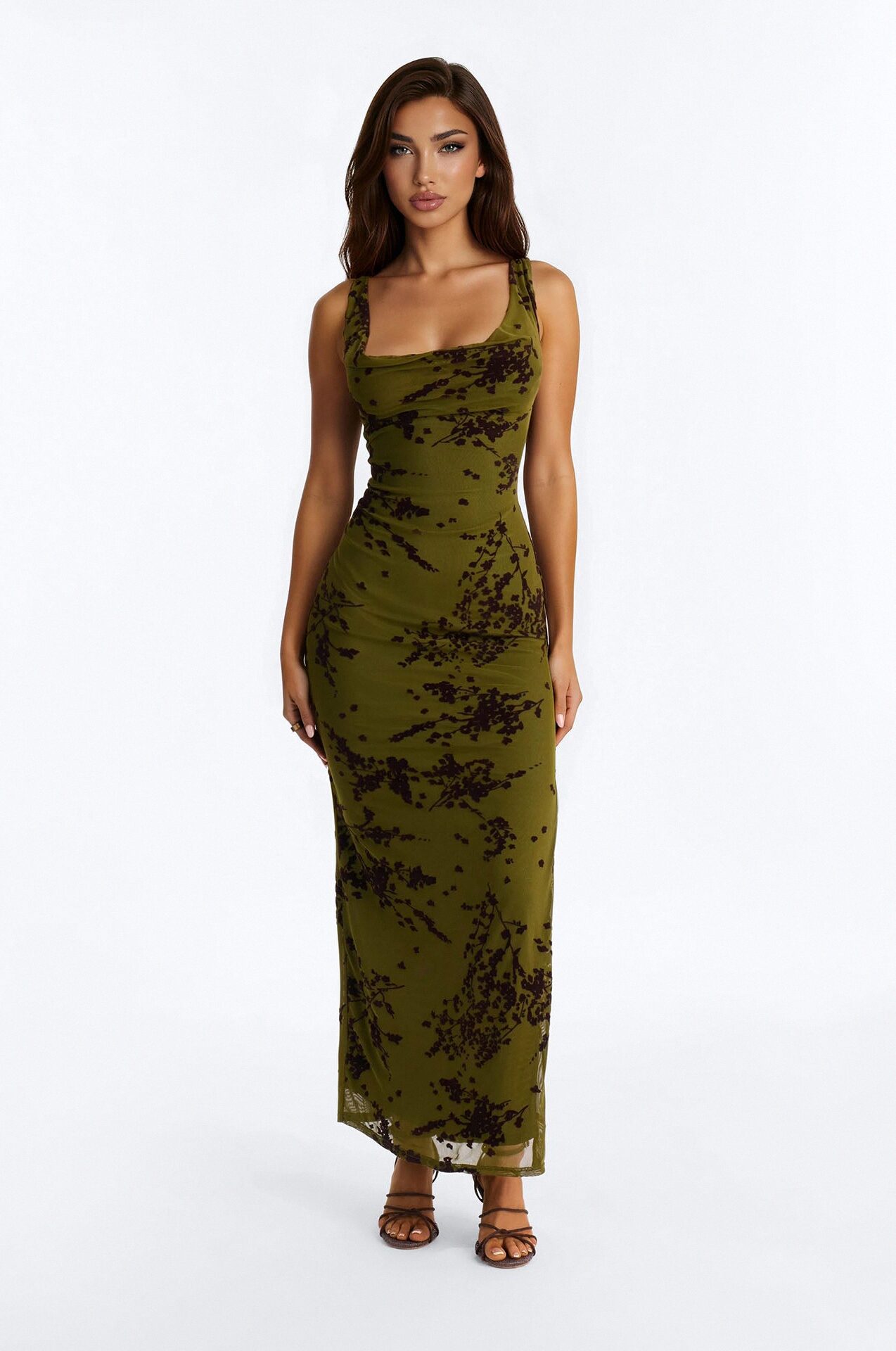 Dreamer Flocked Mesh Maxi Dress - Olive