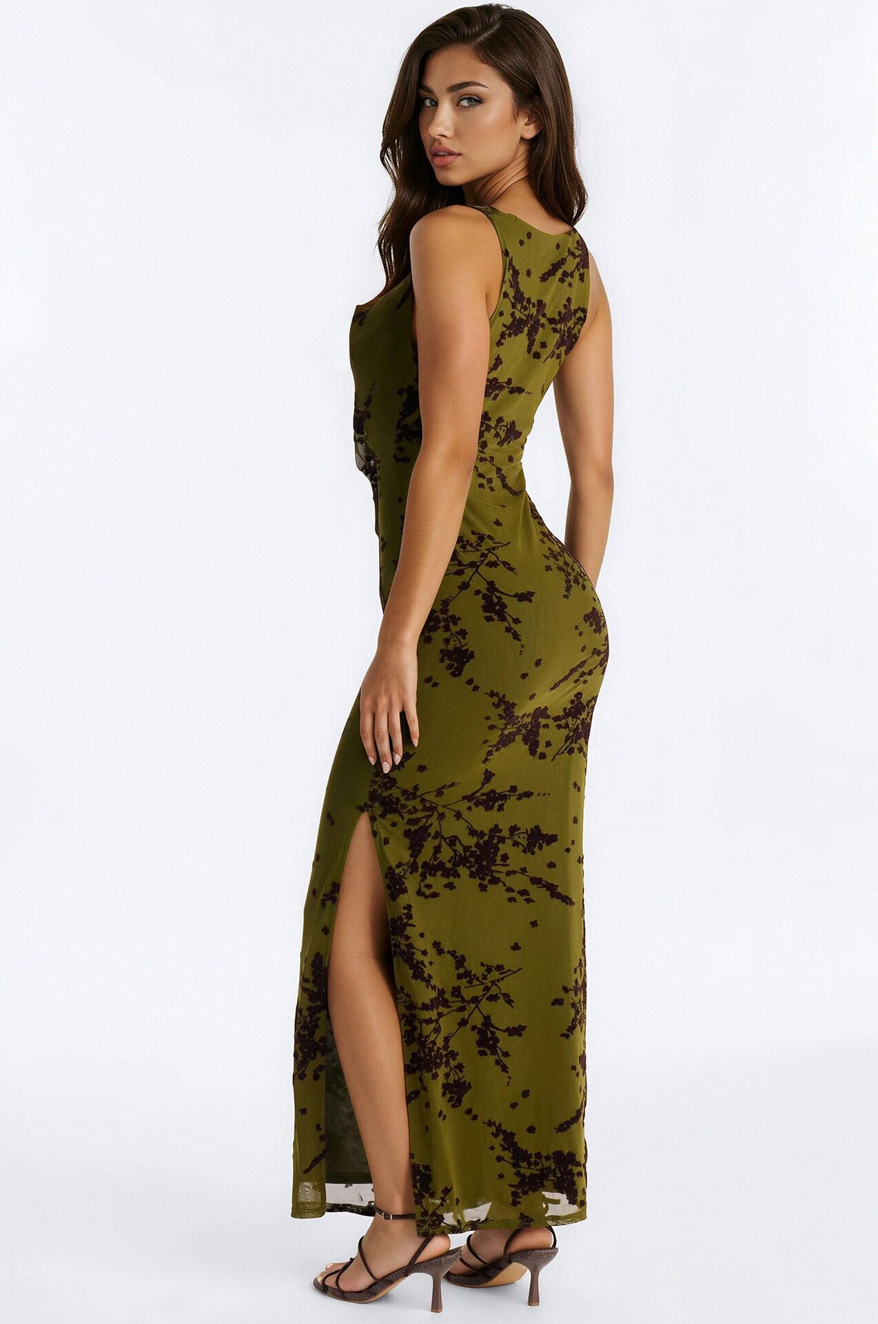 Dreamer Flocked Mesh Maxi Dress - Olive