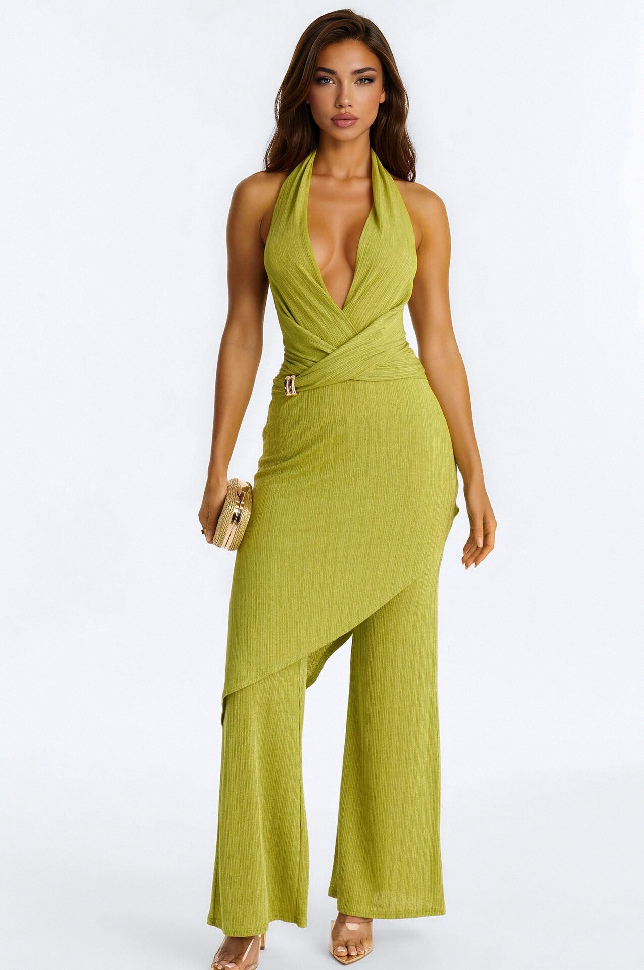 Malia Slinky Plunge Halter Pant Set - Chartreuse