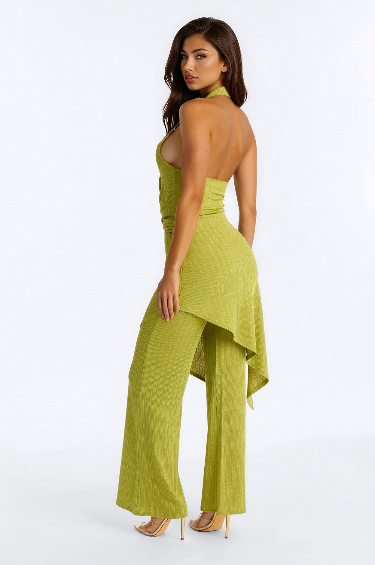 Malia Slinky Plunge Halter Pant Set - Chartreuse
