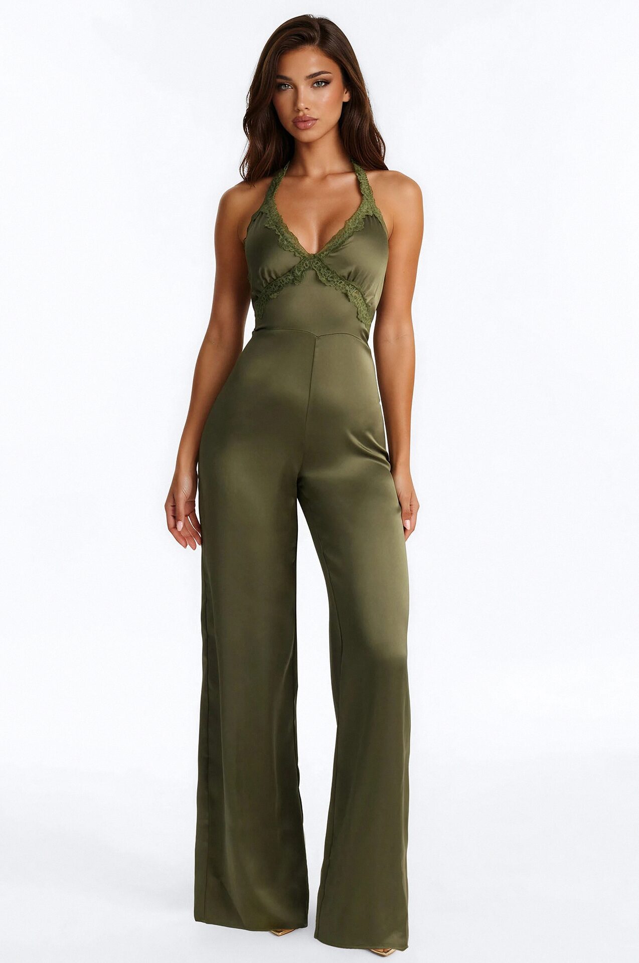 Lina Satin Lace Trim Jumpsuit - Olive