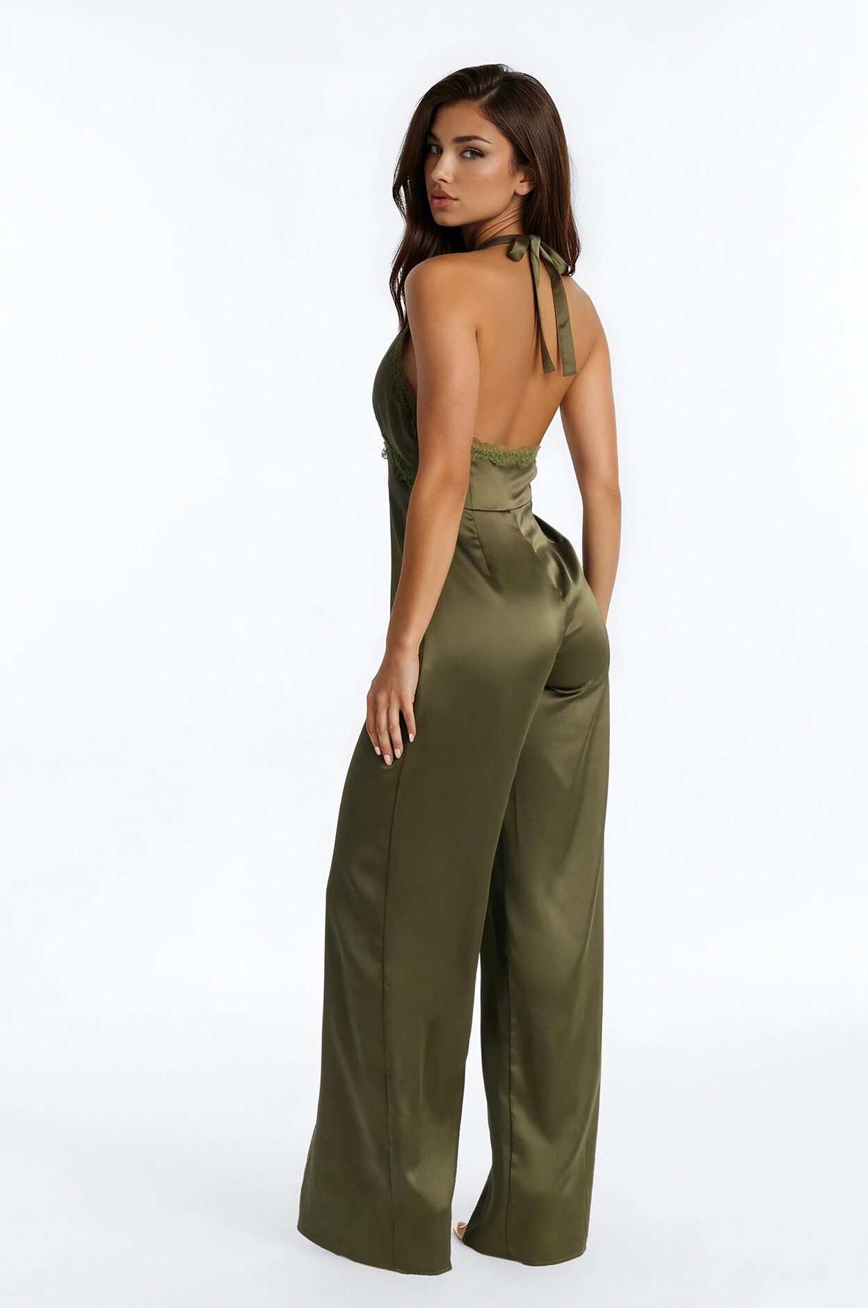 Lina Satin Lace Trim Jumpsuit - Olive