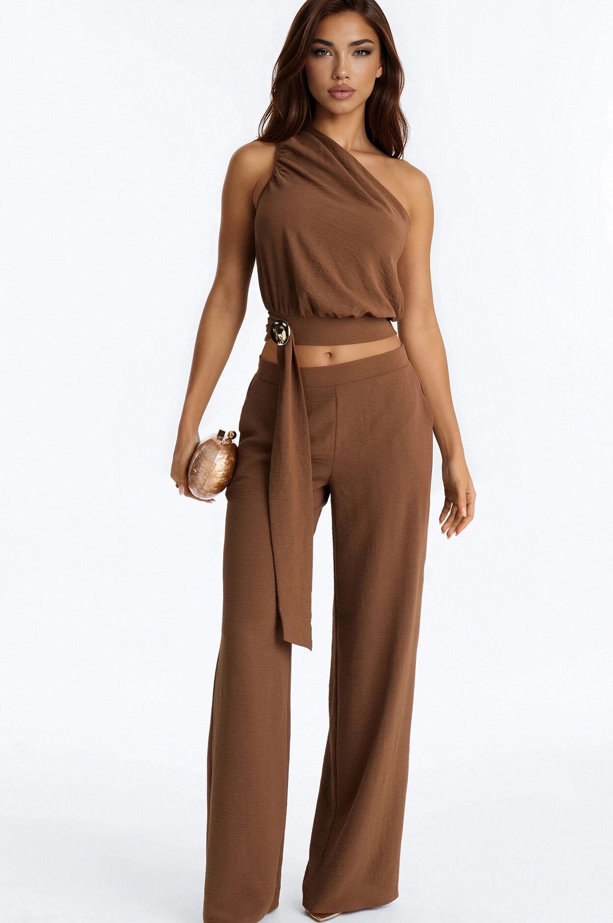 Maeve One Shoulder Pant Set - Brown