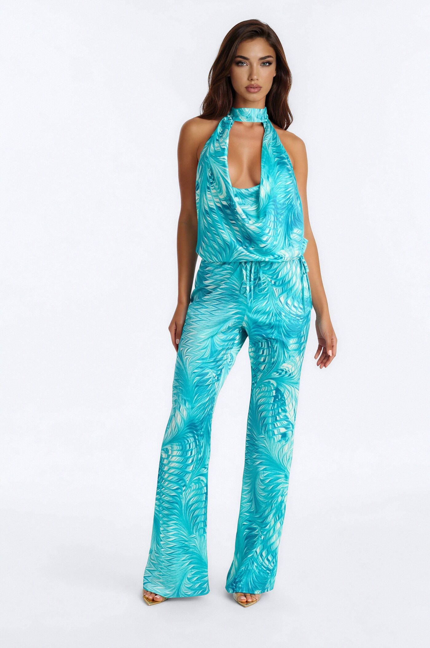 Shana Satin Halter Pant Set - Aqua