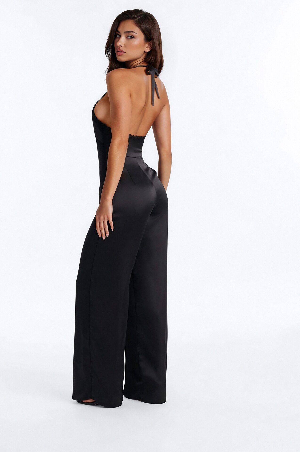 Lina Satin Lace Trim Jumpsuit - Black