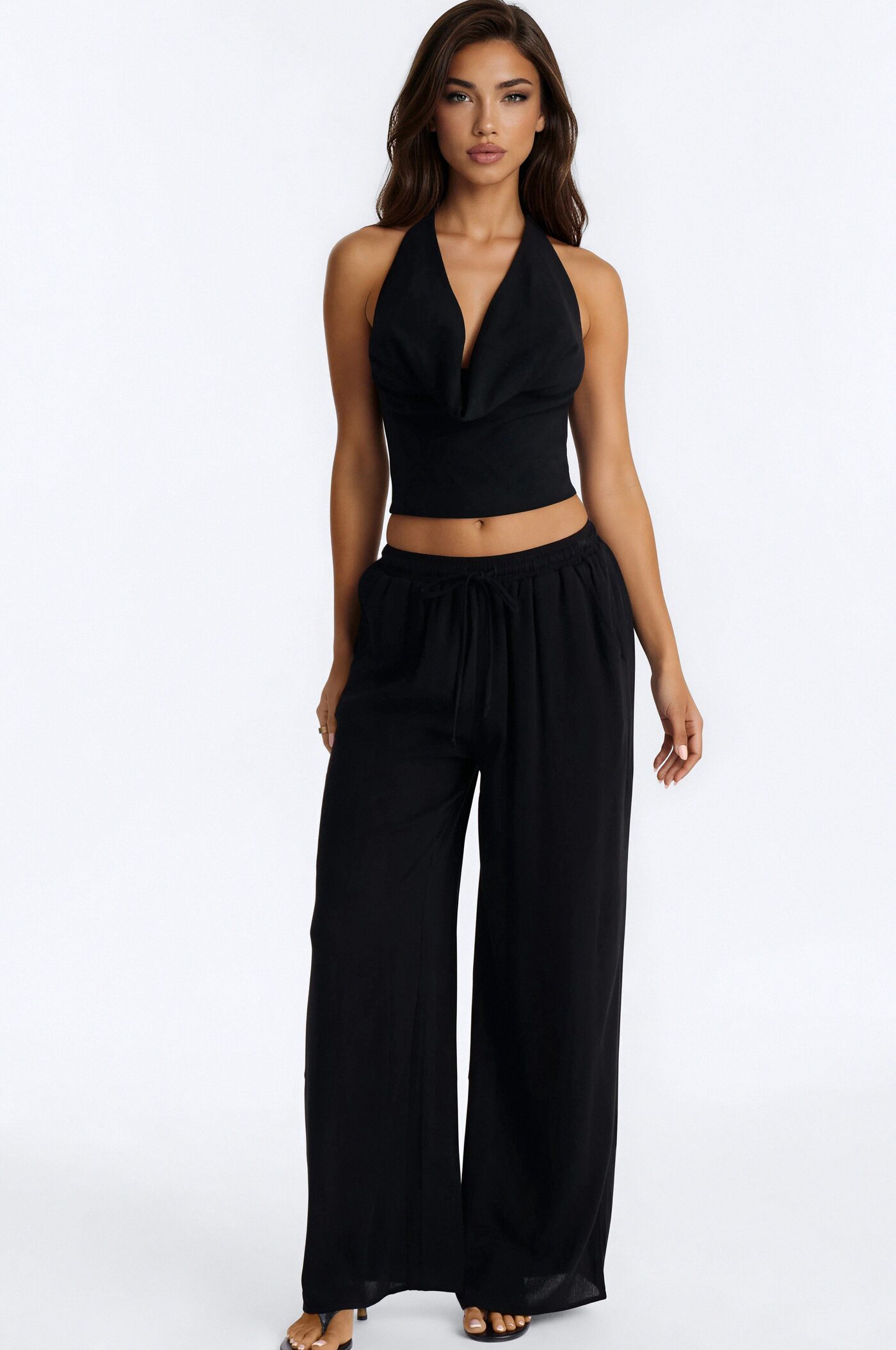 Just Out Here Cowl Neck Linen Halter Top - Black