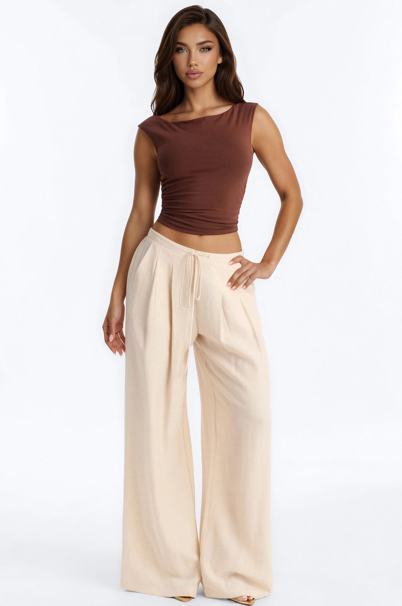 Boat Neck Baby Tee With Side Ruching - Brown
