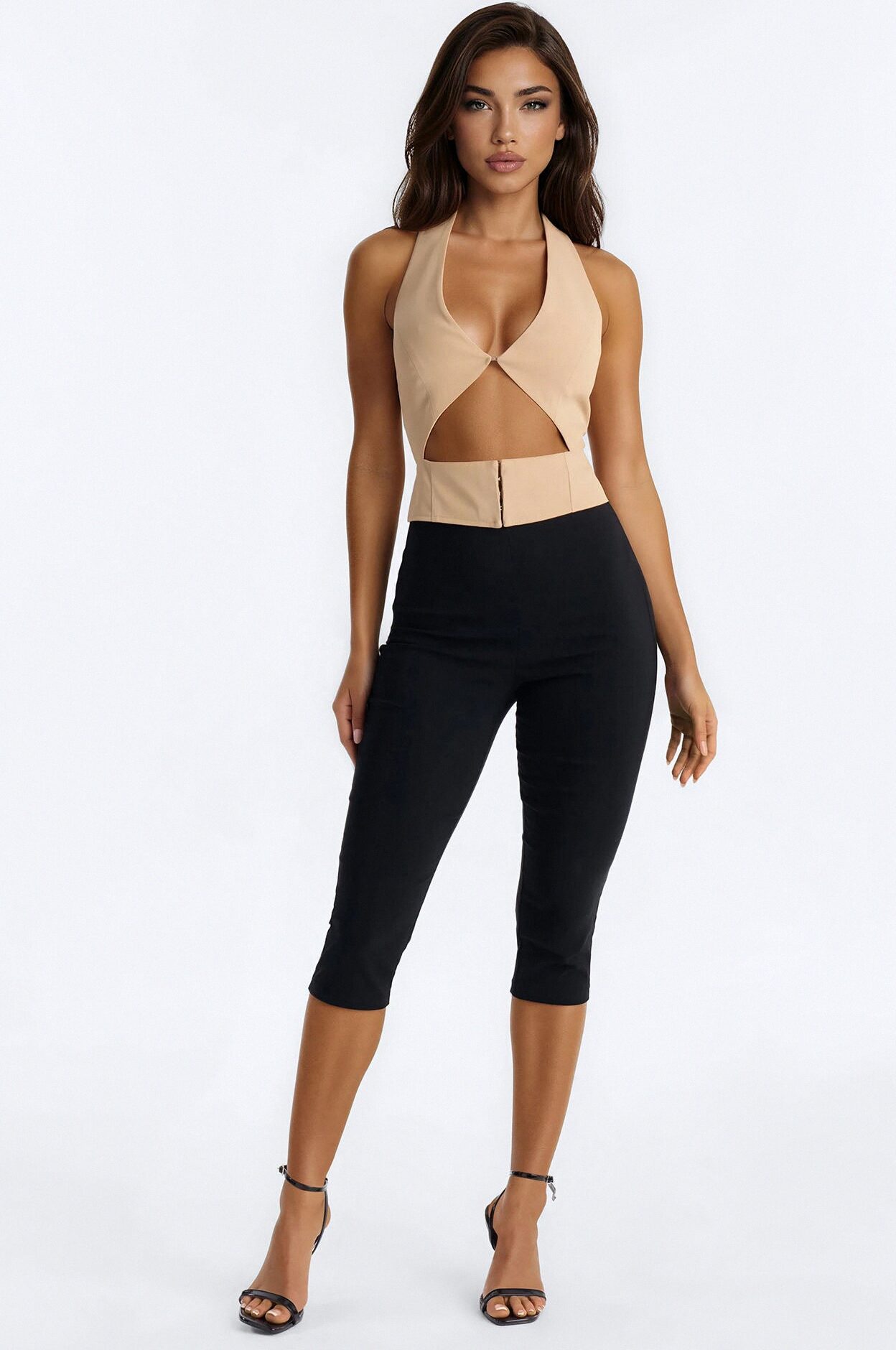 Callie Cut Out Twill Halter Top - Taupe
