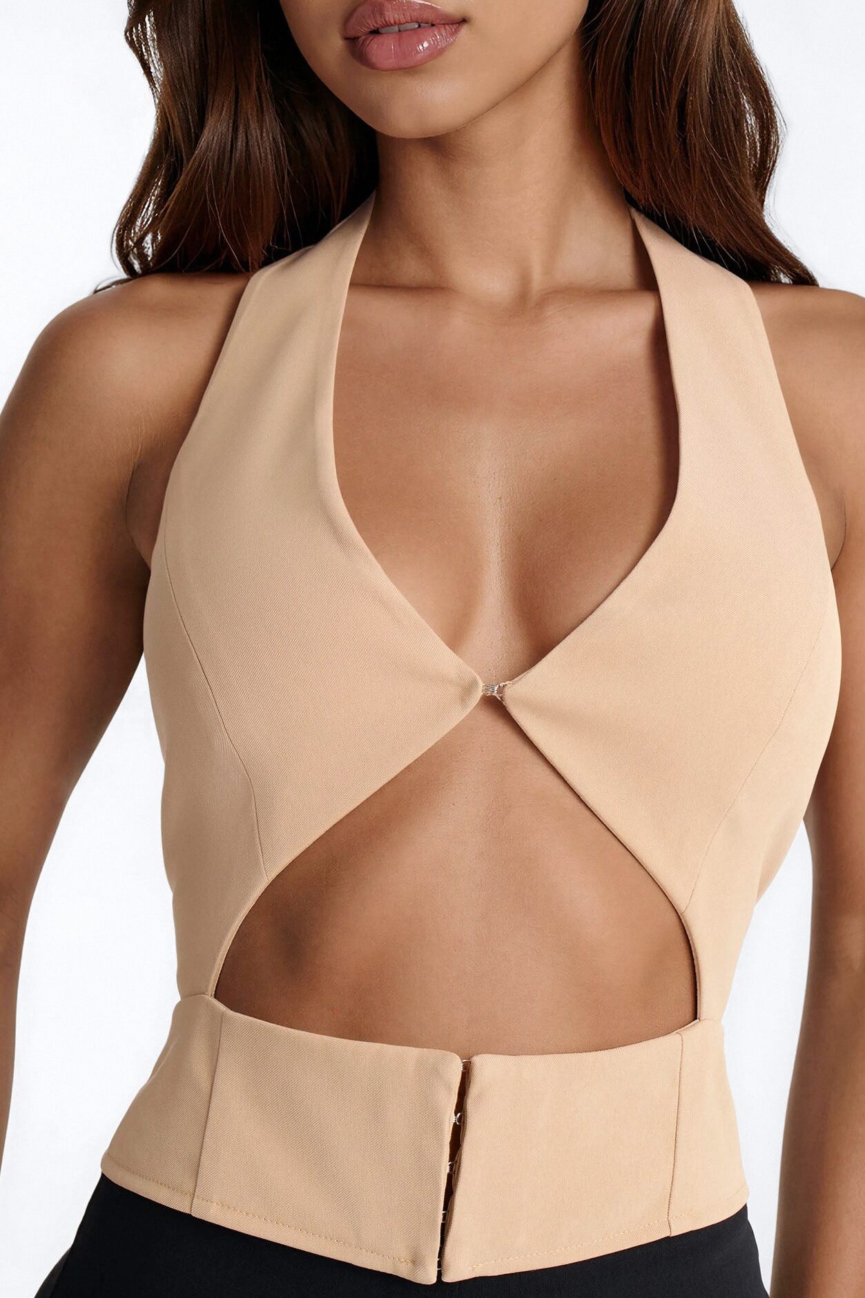 Callie Cut Out Twill Halter Top - Taupe