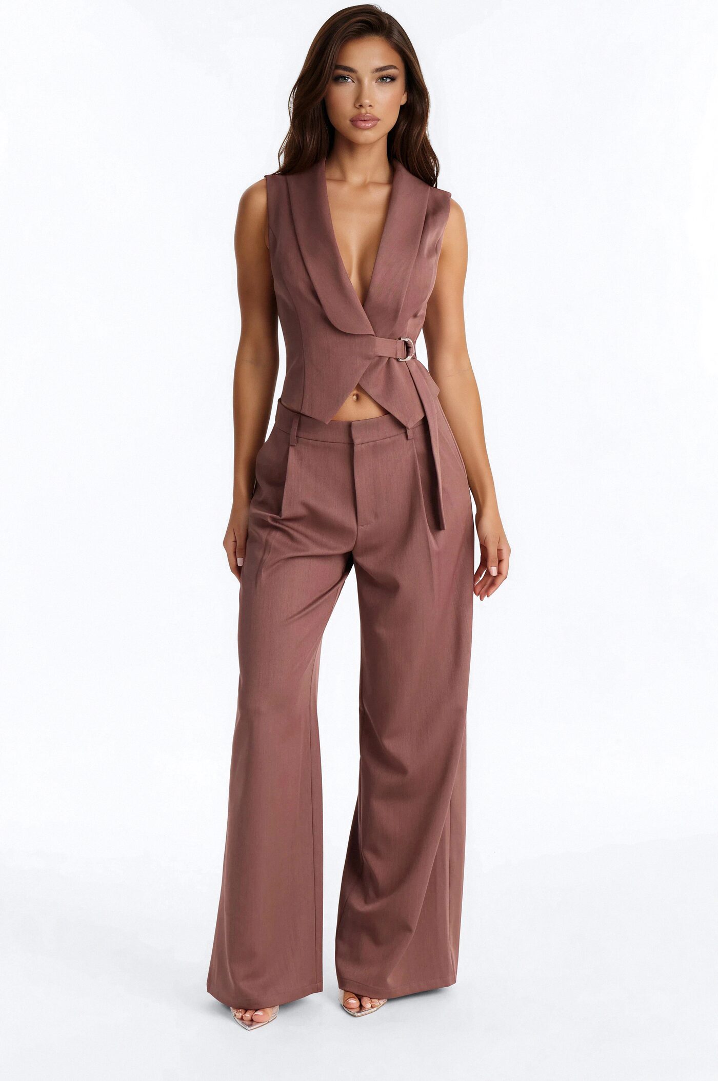 Polished Presence Vest Pant Set - Brown