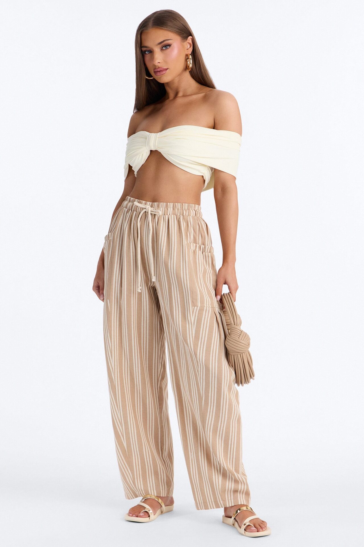 Coastal Barrel Leg Striped Pants - Taupe