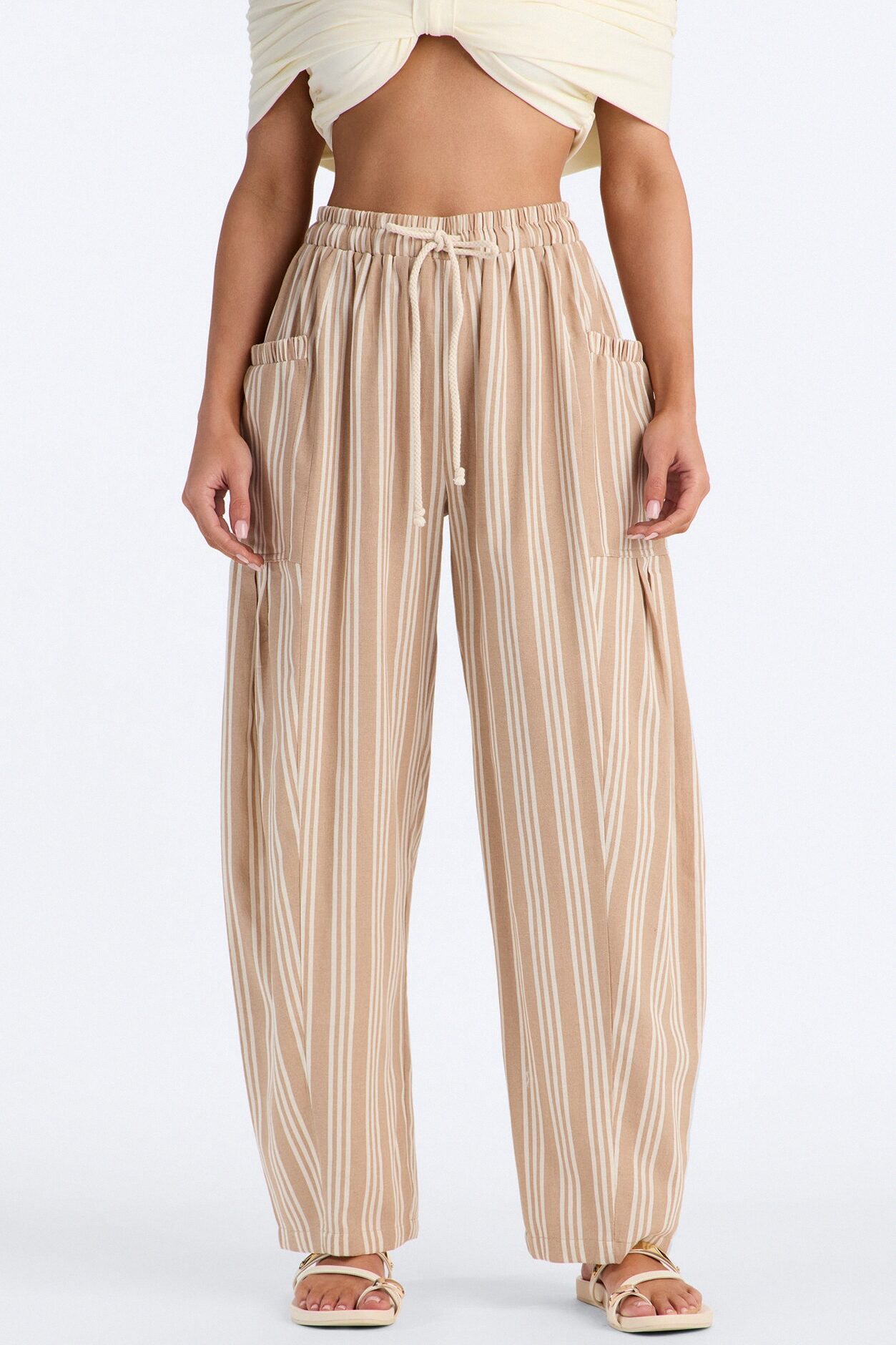 Coastal Barrel Leg Striped Pants - Taupe