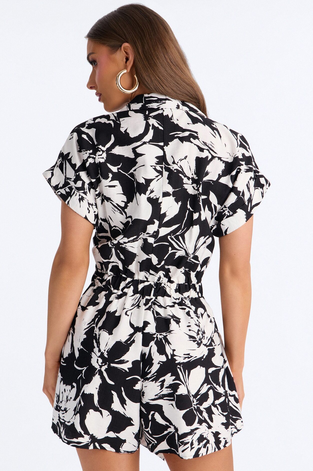 Miley Linen Floral Romper - Black/White