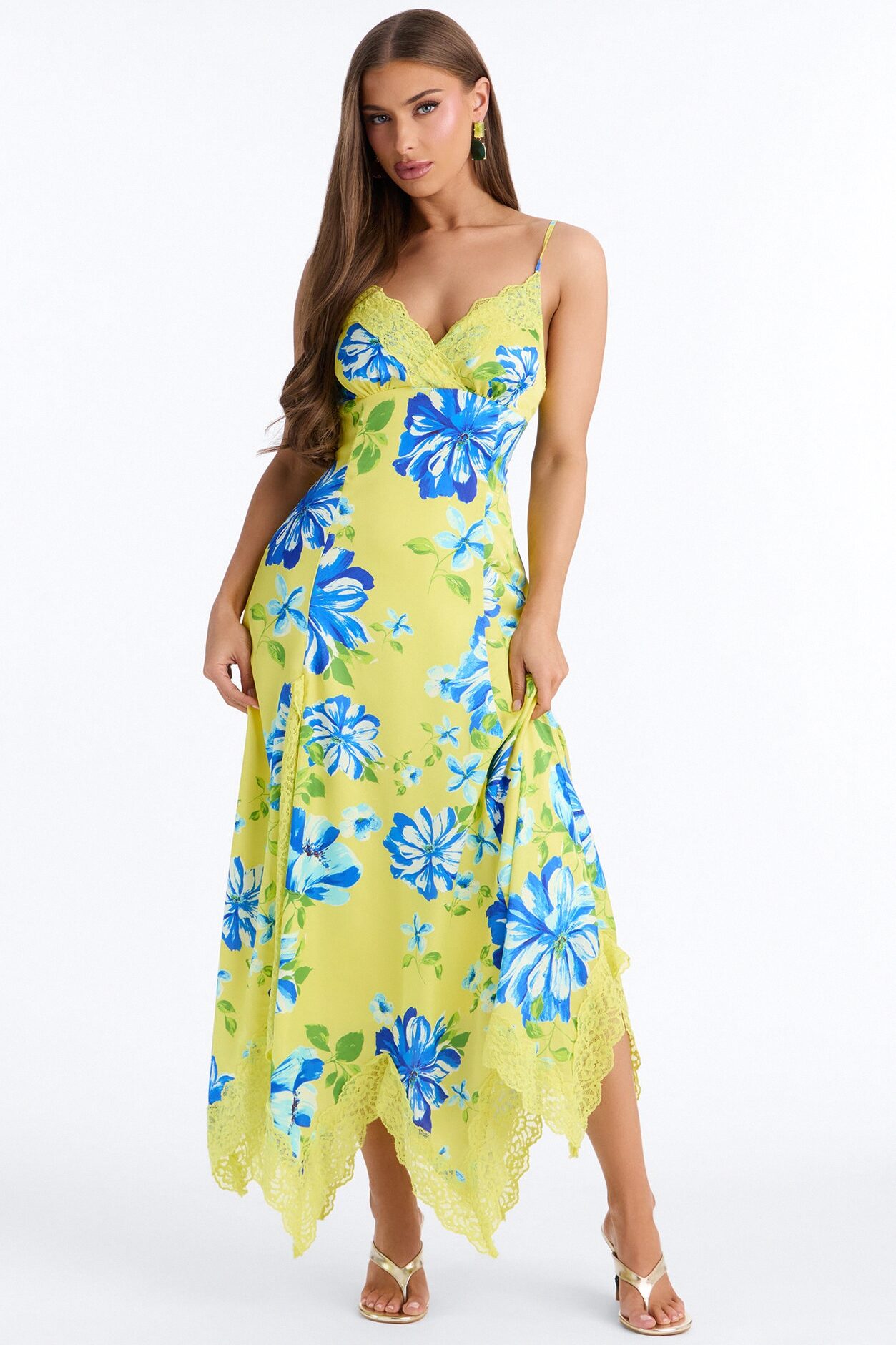 Dahlia Lace Trim Satin Maxi Dress - Yellow/combo