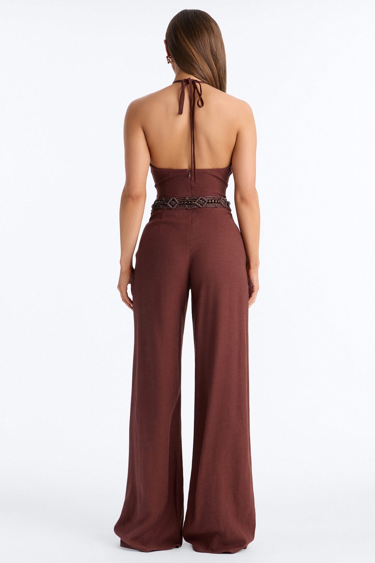 Myrah Linen Wide Leg Belted Jumpsuit - Chocolate