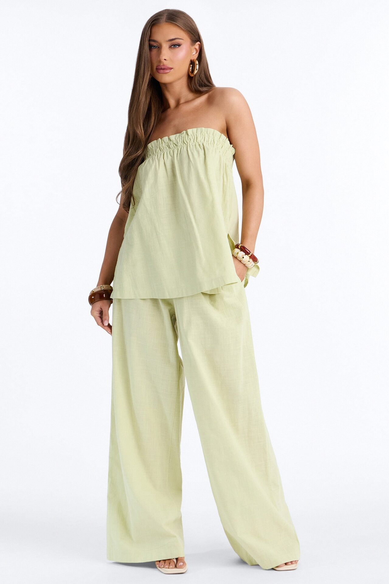 Verity Linen Strapless Wide Leg Pant Set - Sage