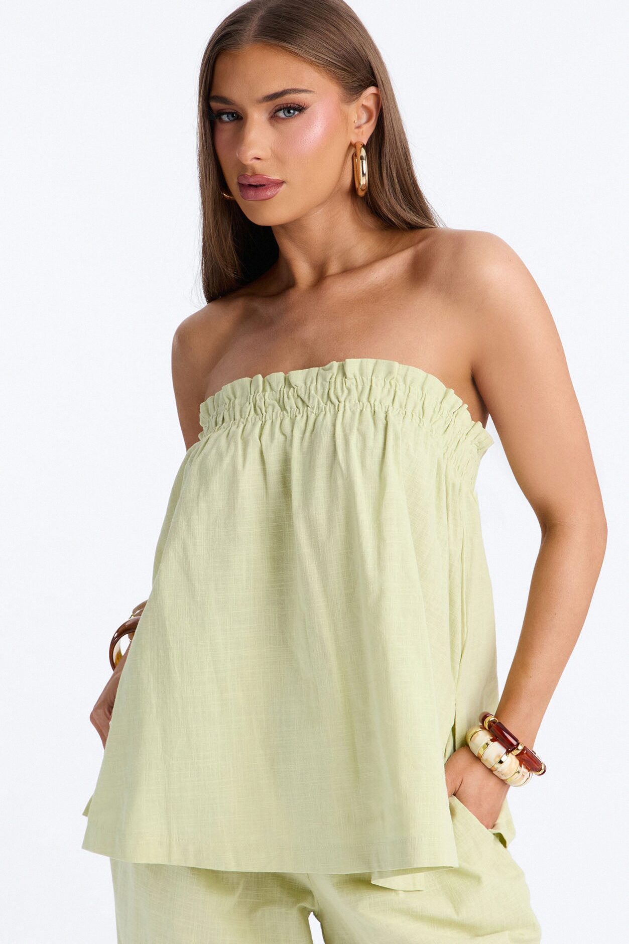 Verity Linen Strapless Wide Leg Pant Set - Sage