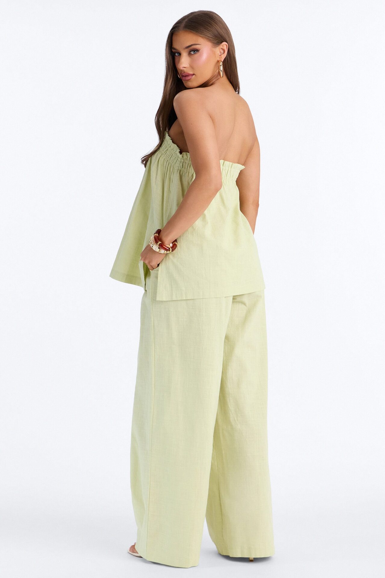Verity Linen Strapless Wide Leg Pant Set - Sage