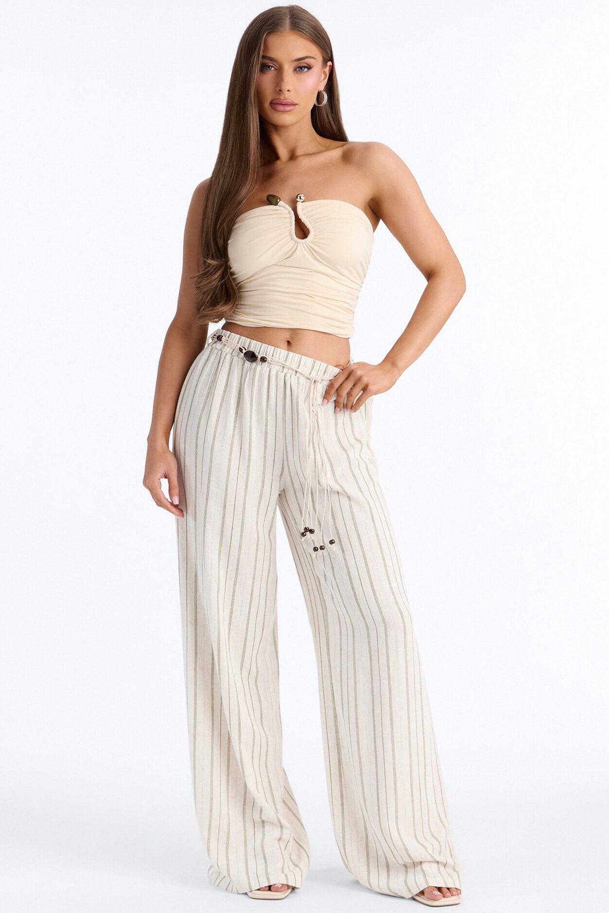 Lane Low Rise Linen Belted Pant - Green/combo