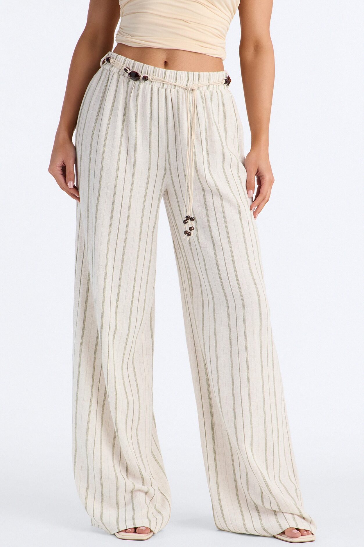 Lane Low Rise Linen Belted Pant - Green/combo