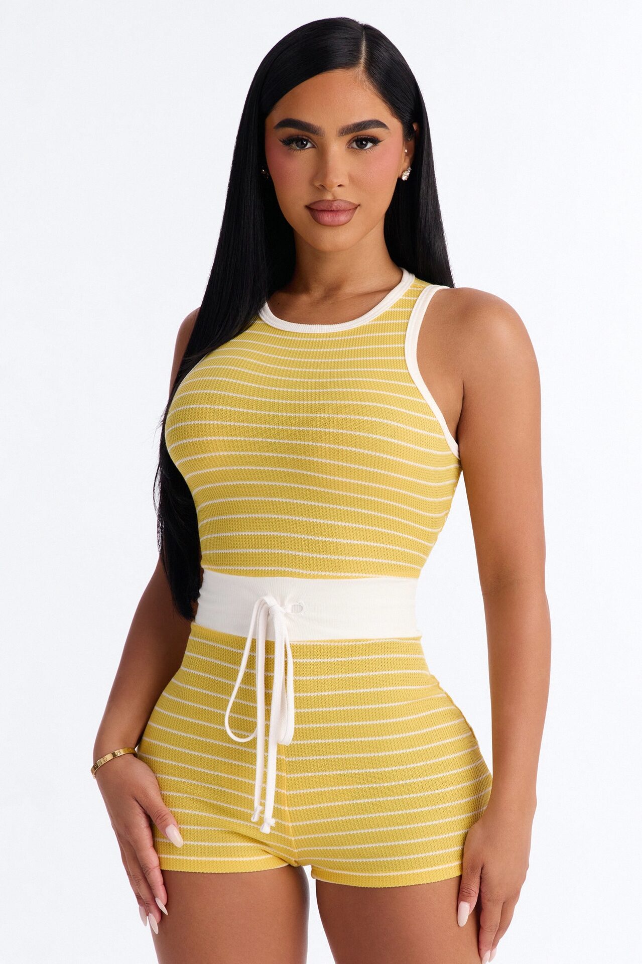 Willow Striped Waffle Knit Romper - Yellow