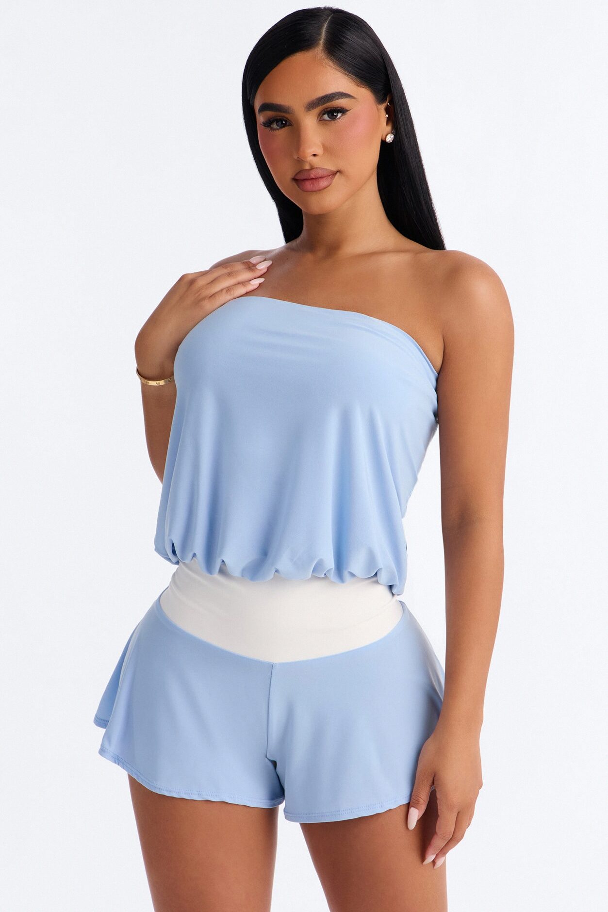 Sara Strapless Contrast Romper - Blue