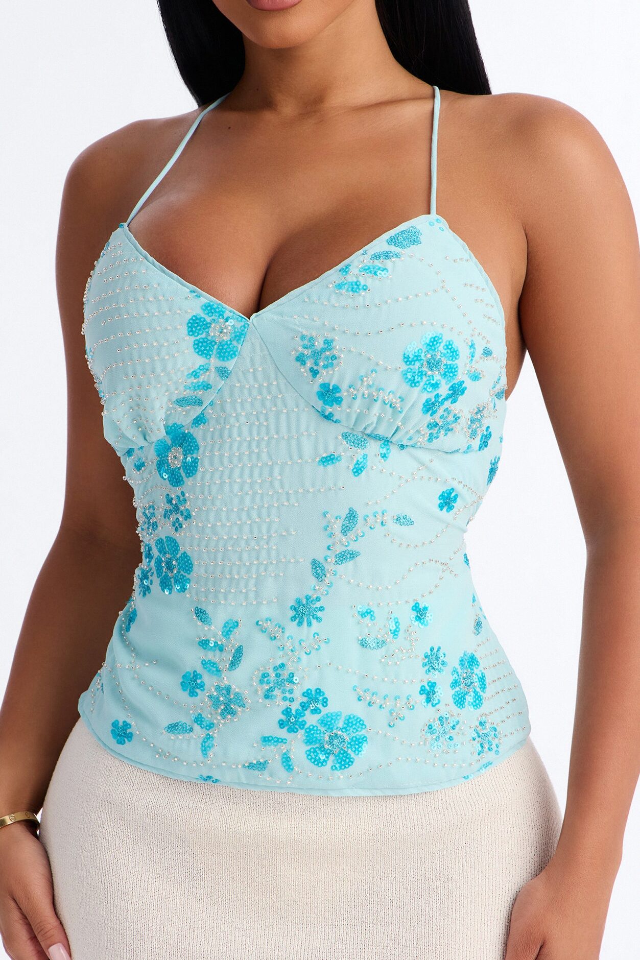 Catch Me Front Row Sequin Strappy Back Top - Light Blue