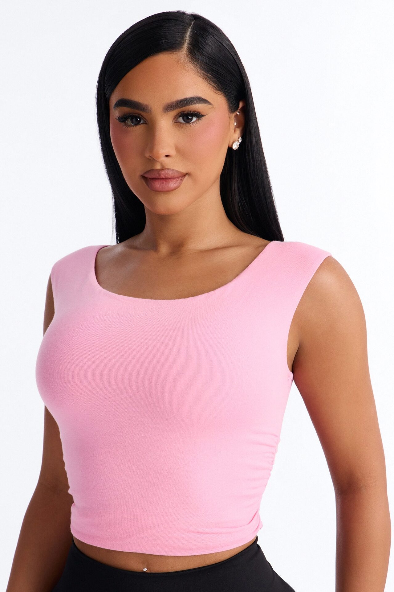Boat Neck Baby Tee With Side Ruching - Pink