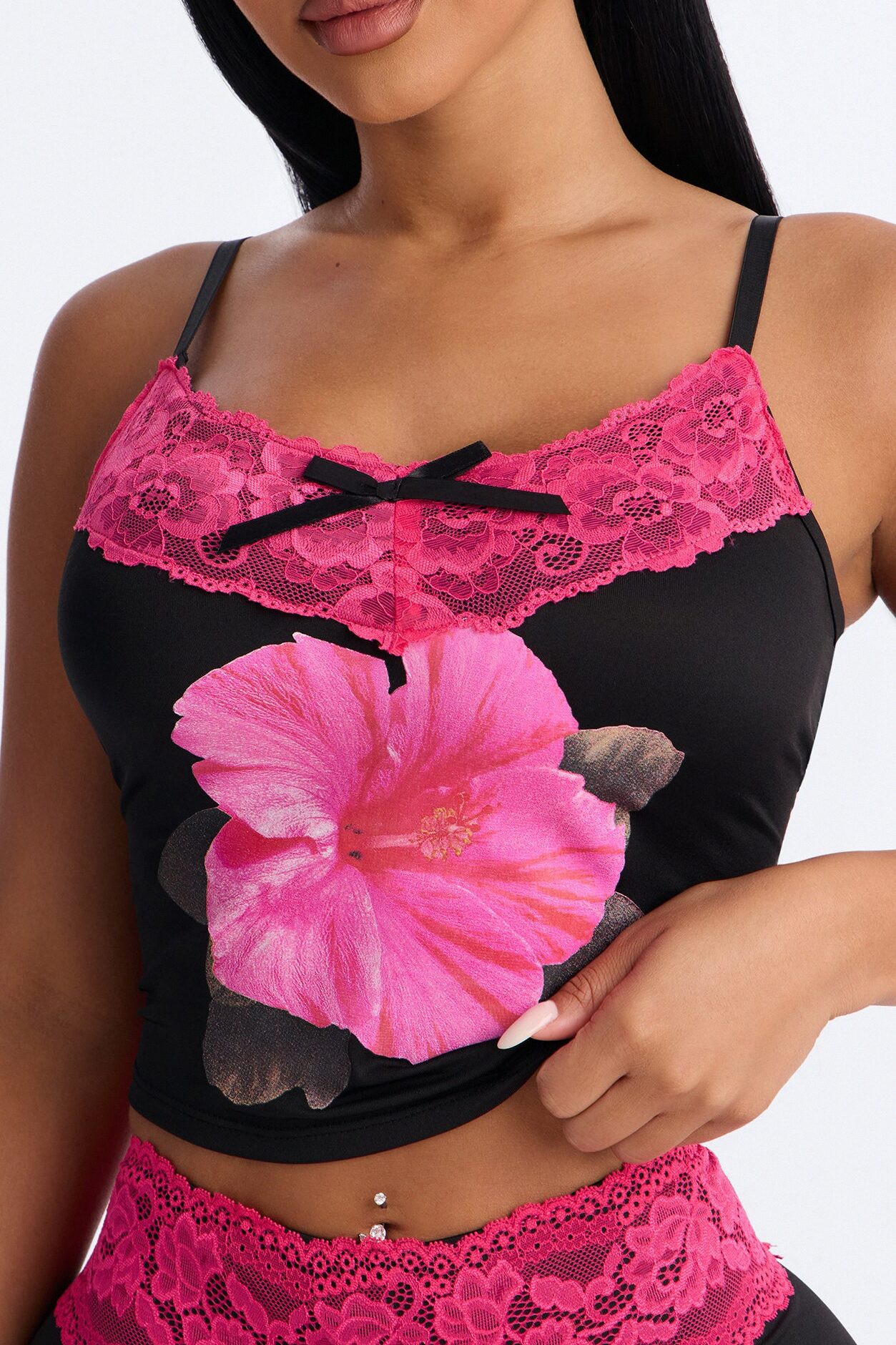All With Me Floral Lace Trim 2 Piece PJ Set - Black/Pink